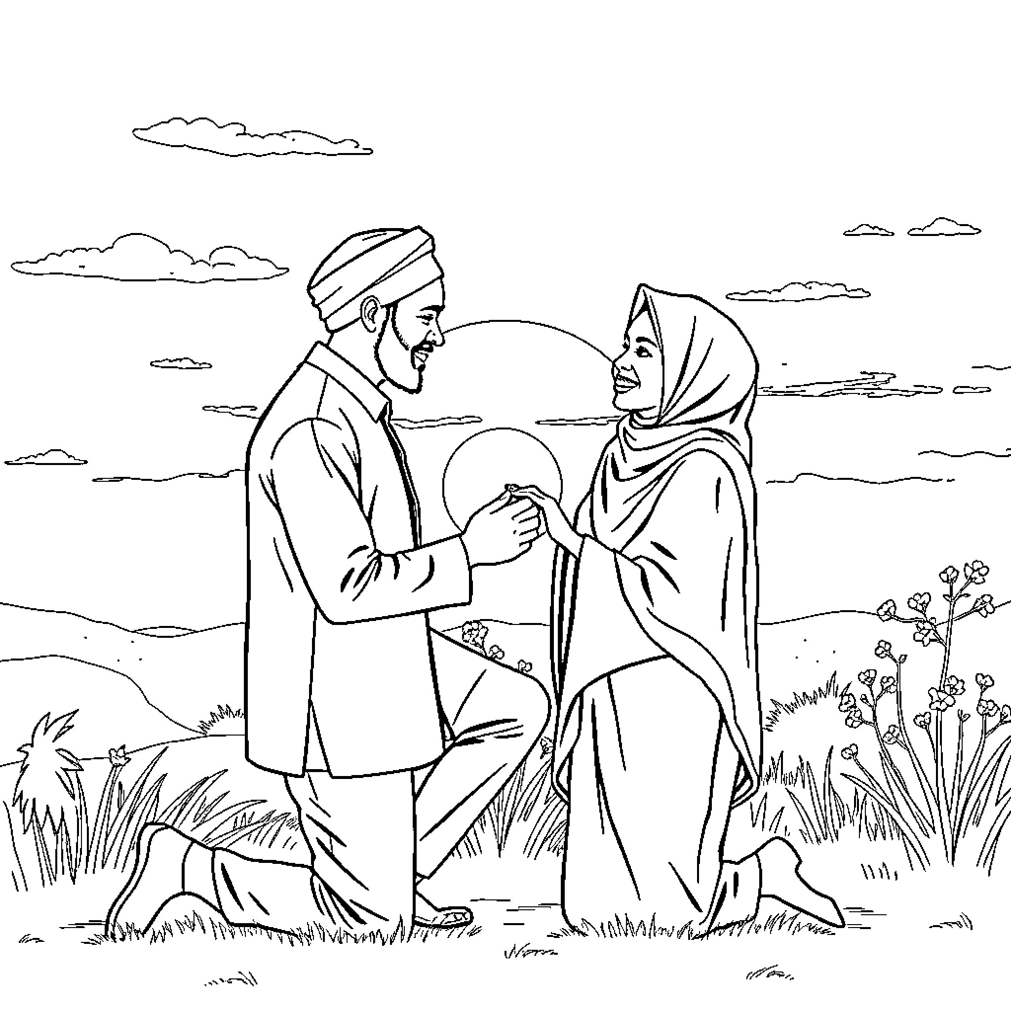 Somali Man and Woman Conversing Outdoors Coloring Page (free black-and-white line drawing printable PDF for all, from beginners to advanced learners, including children, teens, adults, and seniors)