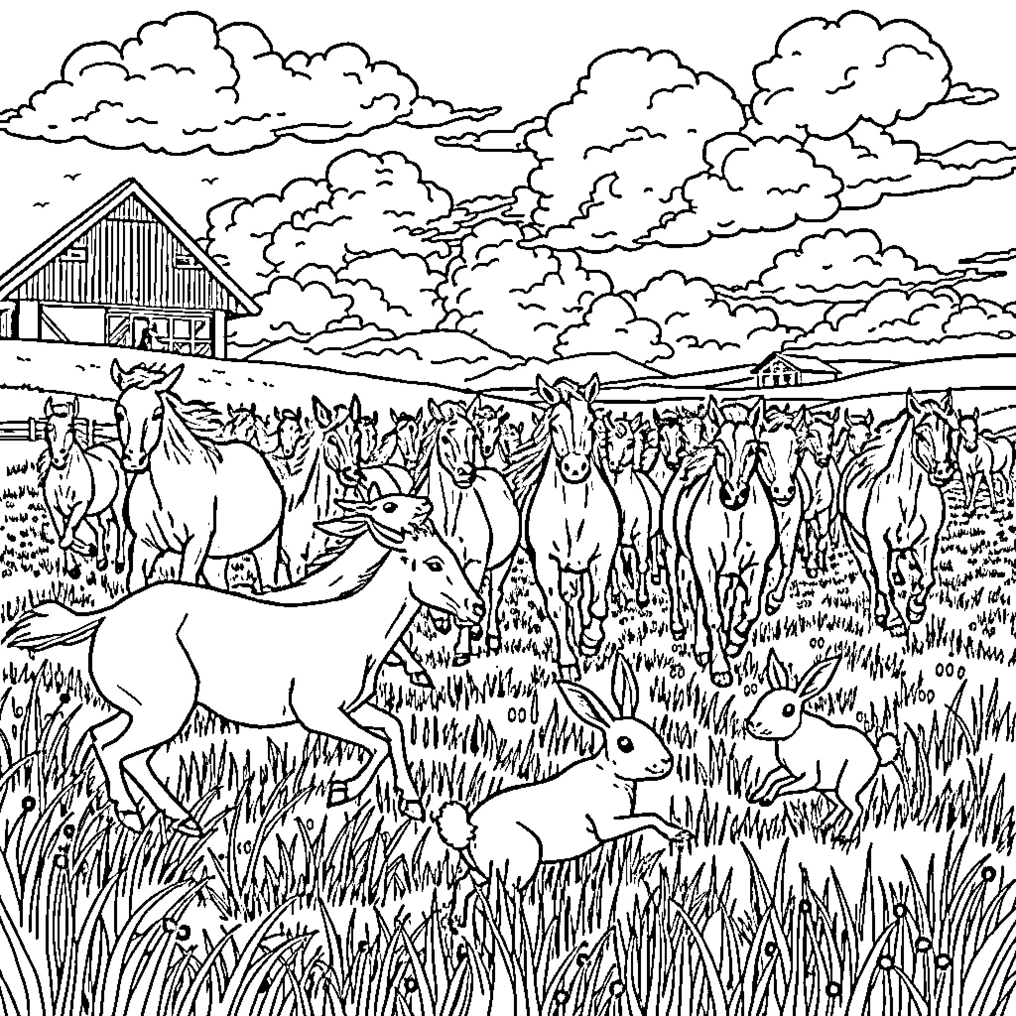 Farm animals roaming freely in the countryside Coloring Page (free black-and-white line drawing printable PDF for all, from beginners to advanced learners, including children, teens, adults, and seniors)