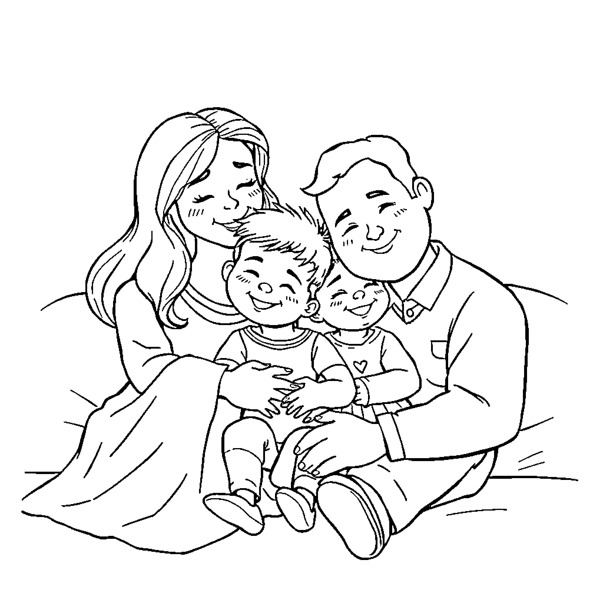 Family Enjoying Quality Time Together Coloring Page (free black-and-white line drawing printable PDF for all, from beginners to advanced learners, including children, teens, adults, and seniors)