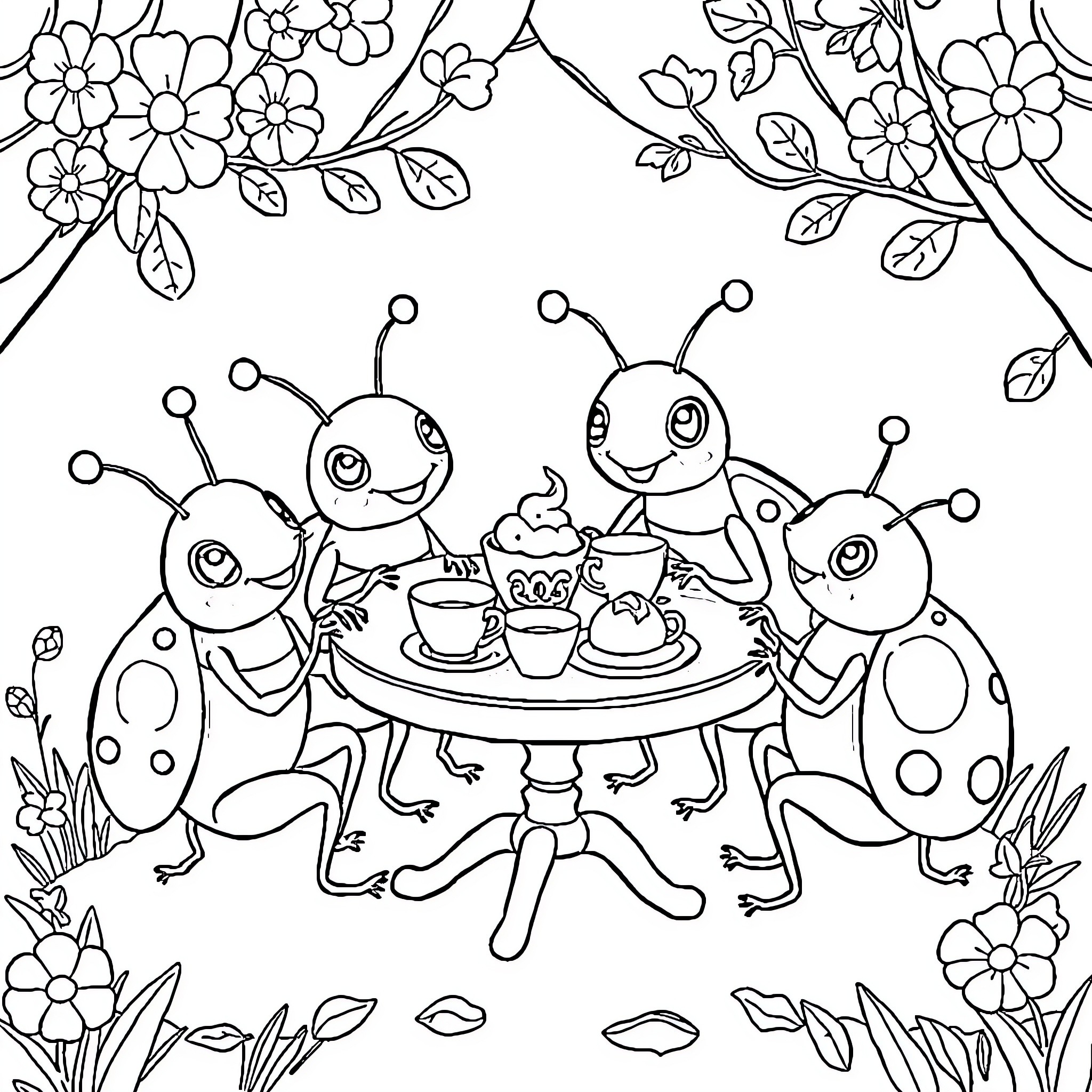 Bugs having a tea party in the garden Coloring Page (free black-and-white line drawing printable PDF for all, from beginners to advanced learners, including children, teens, adults, and seniors)