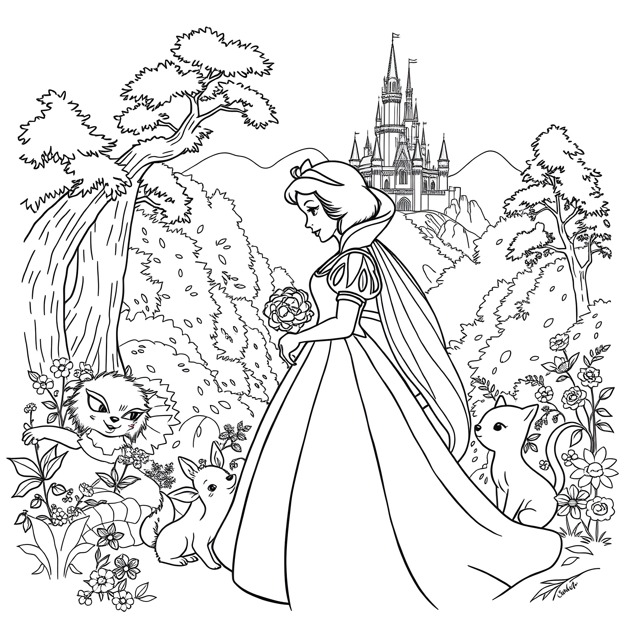 Snow White in the enchanted forest with castle Coloring Page (free black-and-white line drawing printable PDF for all, from beginners to advanced learners, including children, teens, adults, and seniors)
