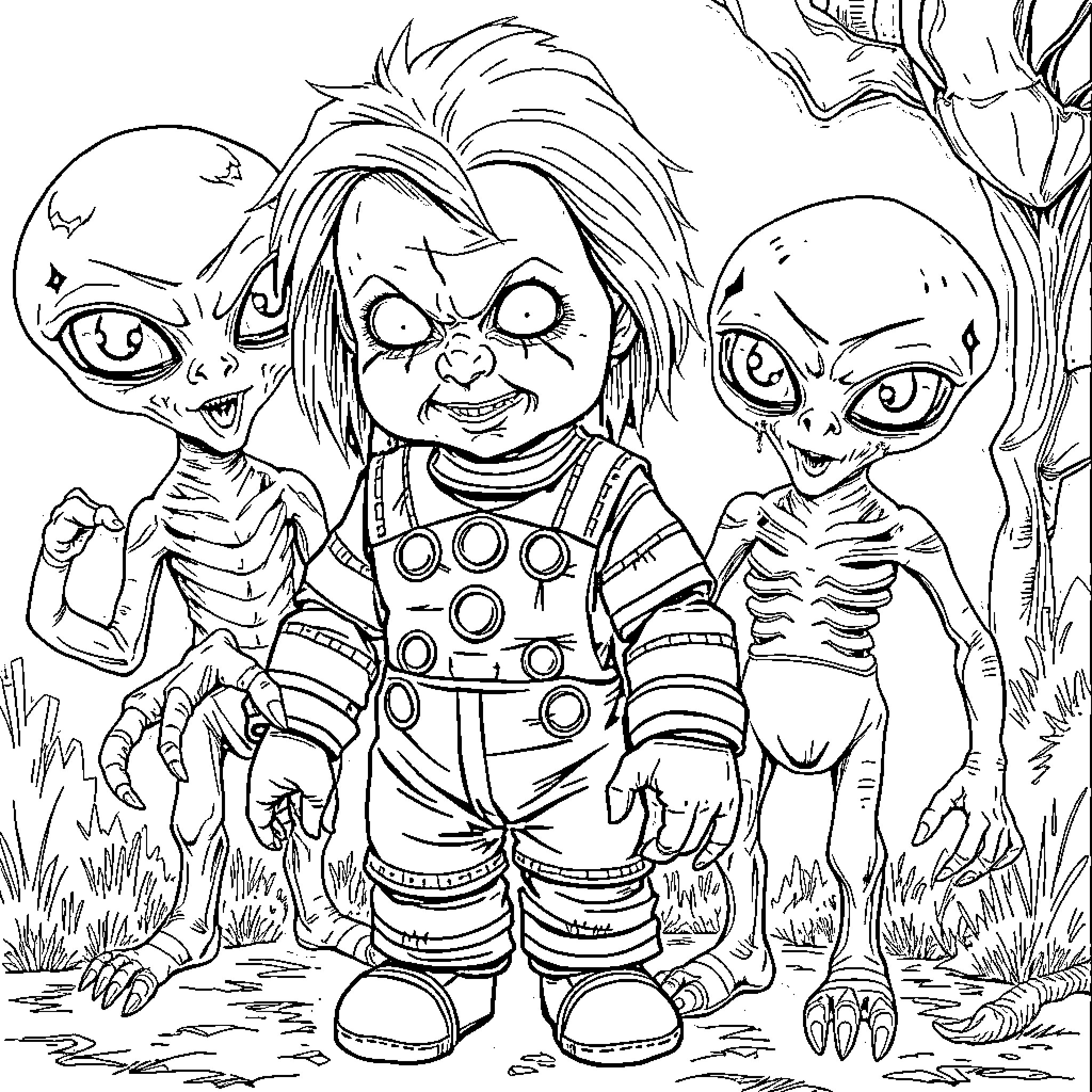 Chucky and his Creepy Companions in the Spooky Outdoors Coloring Page (free black-and-white line drawing printable PDF for all, from beginners to advanced learners, including children, teens, adults, and seniors)