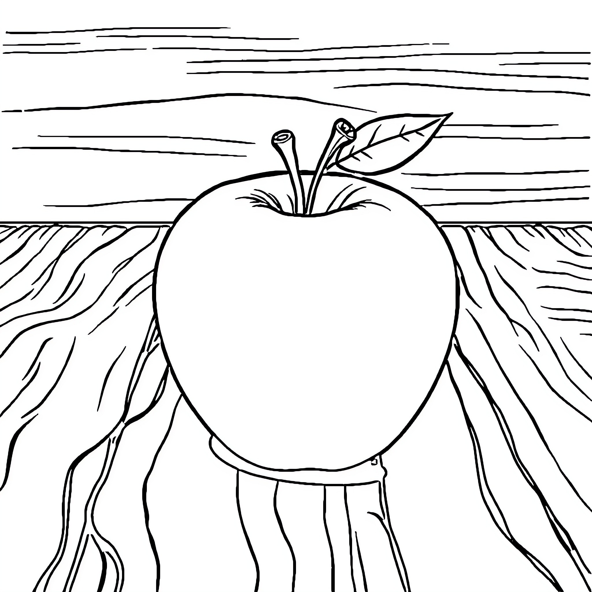 Apple in Orchard Landscape Coloring Page (free black-and-white line drawing printable PDF for all, from beginners to advanced learners, including children, teens, adults, and seniors)