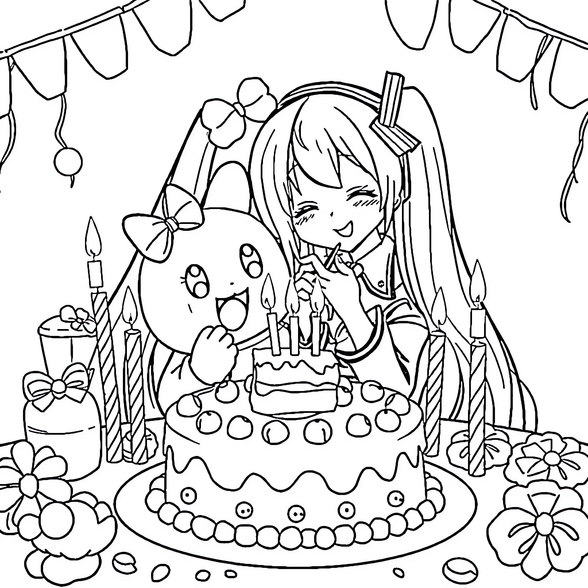 Pocchaco's Festive Birthday Celebration Coloring Page (free black-and-white line drawing printable PDF for all, from beginners to advanced learners, including children, teens, adults, and seniors)