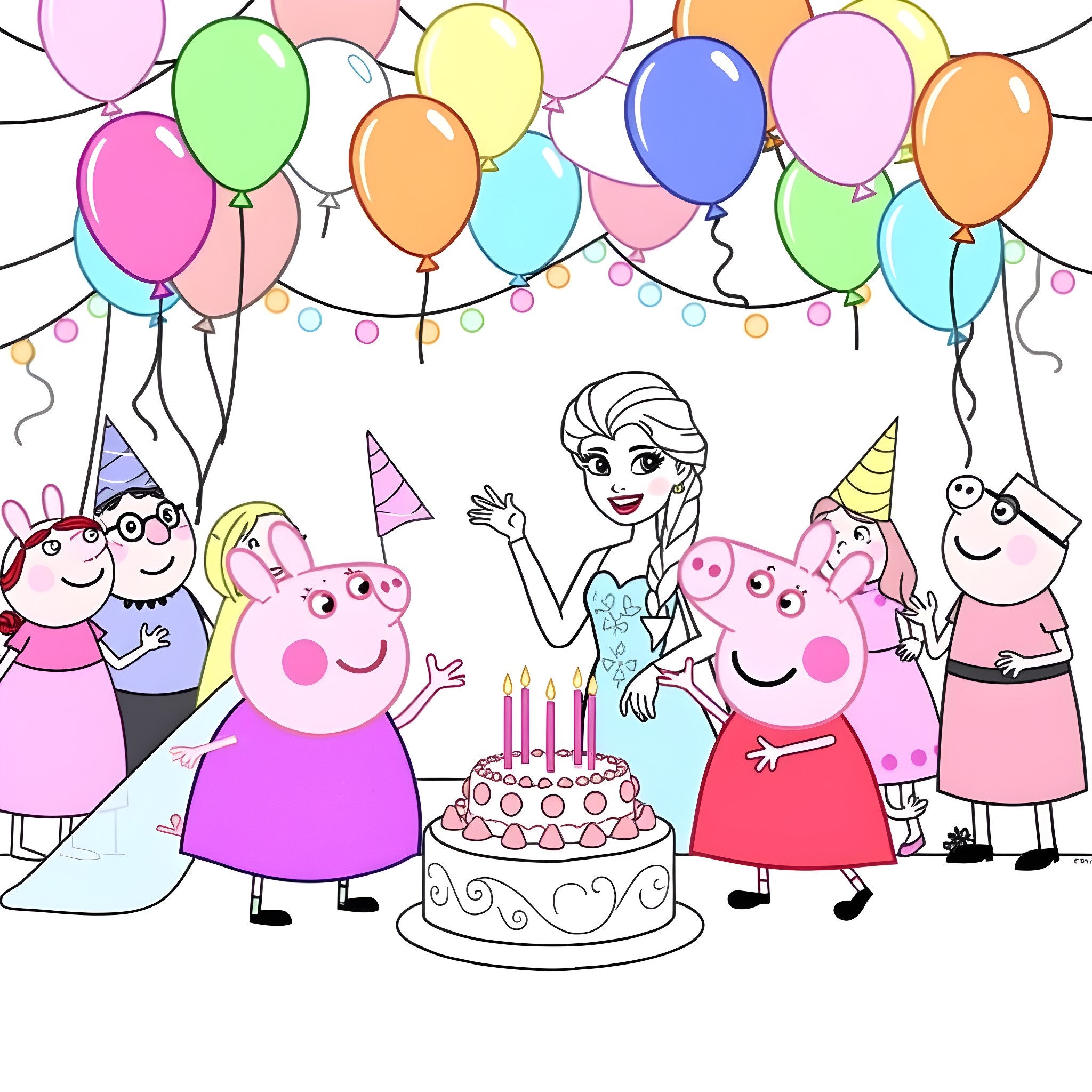 Elsa celebrates a joyous birthday party with Peppa Pig and friends Coloring Page (free black-and-white line drawing printable PDF for all, from beginners to advanced learners, including children, teens, adults, and seniors)