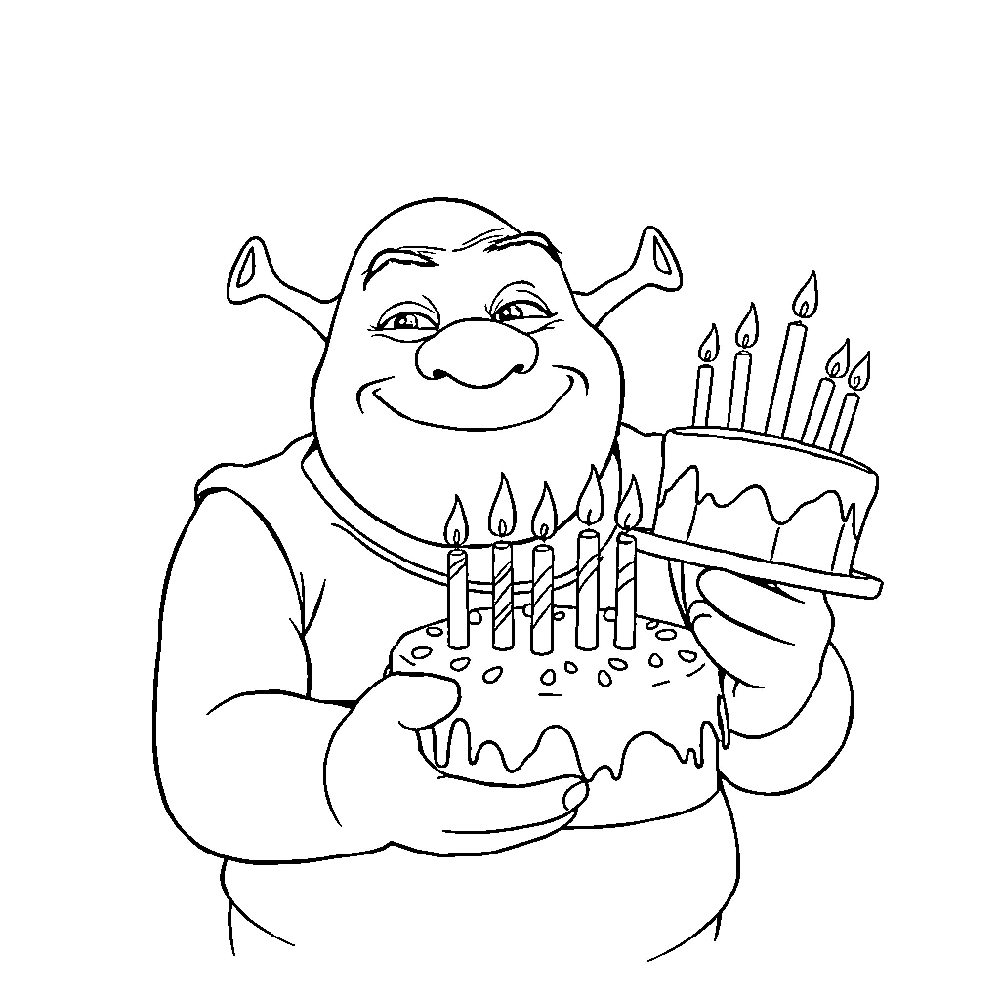 Shrek Celebrating with Birthday Cake Coloring Page (free black-and-white line drawing printable PDF for all, from beginners to advanced learners, including children, teens, adults, and seniors)