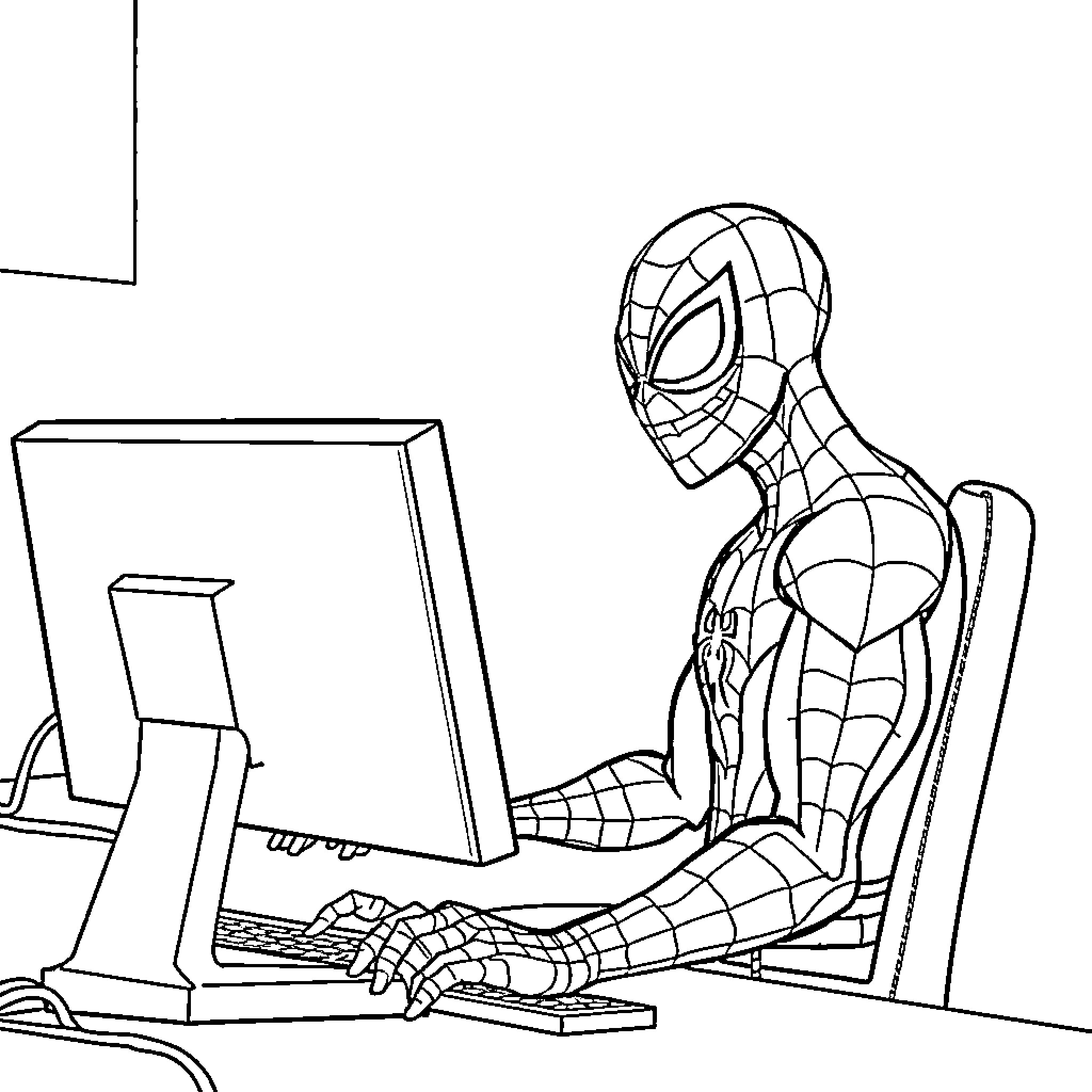 Spiderman working on a computer Coloring Page (free black-and-white line drawing printable PDF for all, from beginners to advanced learners, including children, teens, adults, and seniors)
