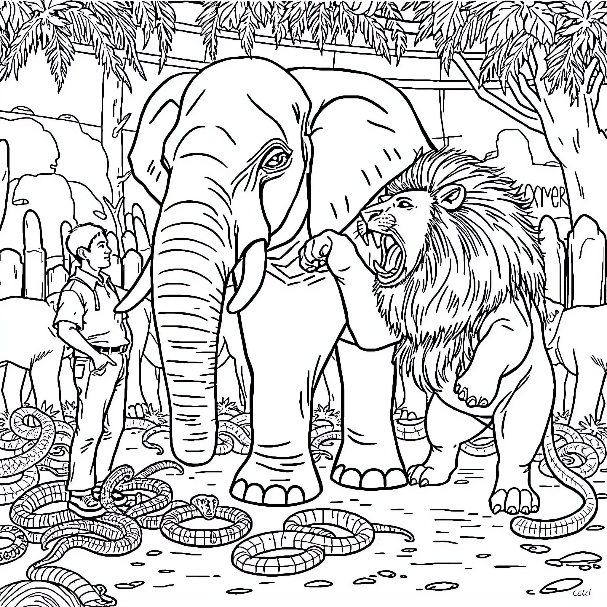 Man faces wild elephant and roaring lion in jungle scene Coloring Page (free black-and-white line drawing printable PDF for all, from beginners to advanced learners, including children, teens, adults, and seniors)