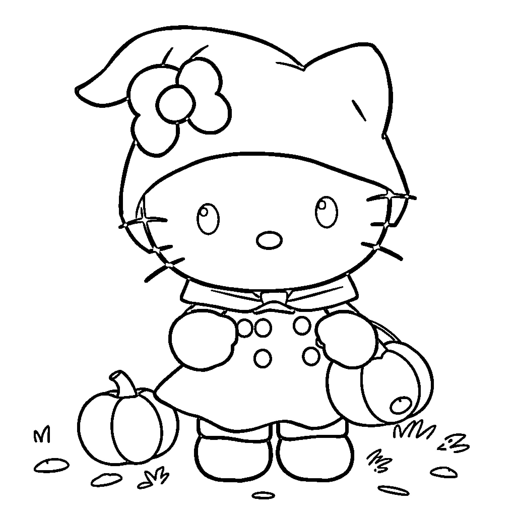 Hello Kitty picking pumpkins in a field Coloring Page (free black-and-white line drawing printable PDF for all, from beginners to advanced learners, including children, teens, adults, and seniors)