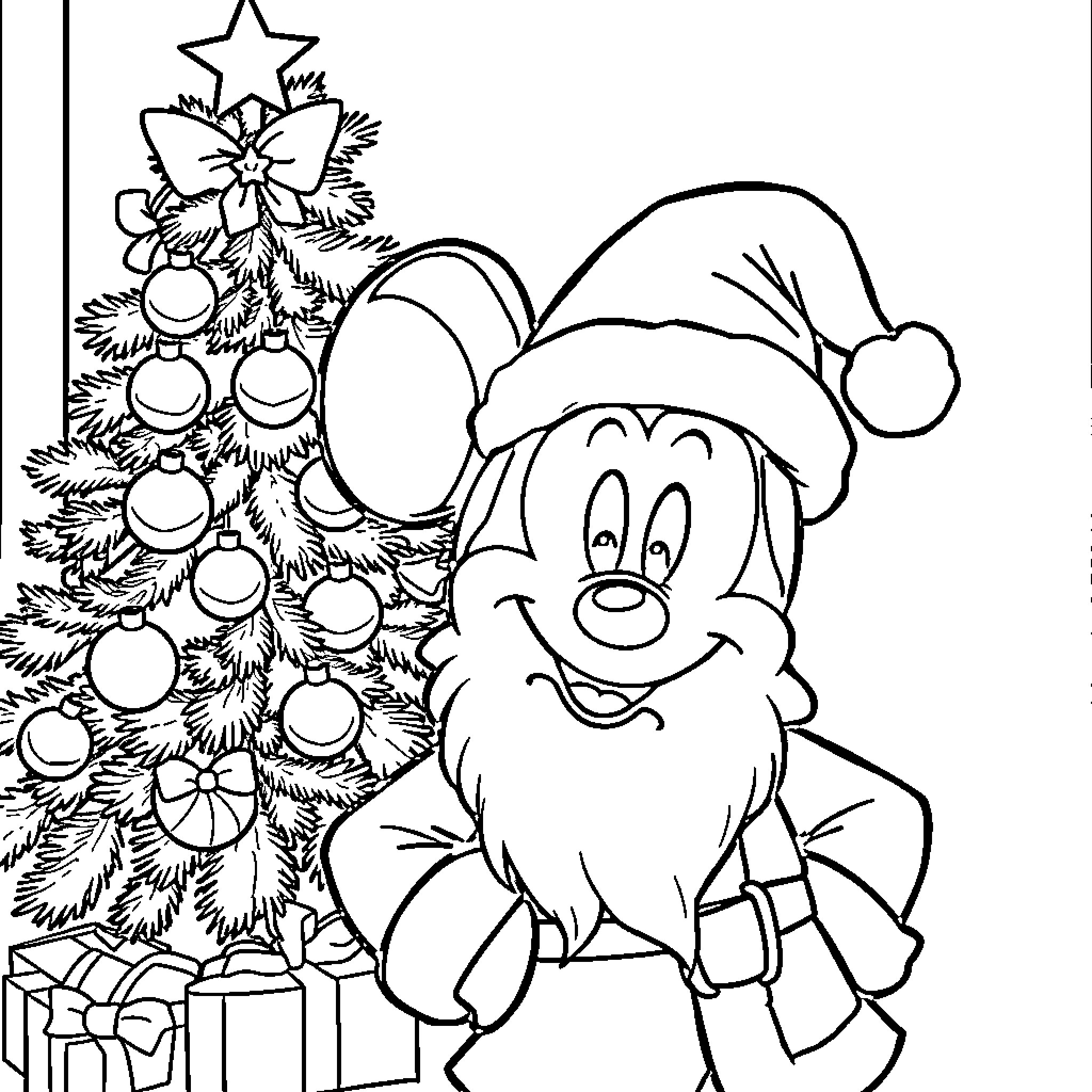 Mickey Mouse decorating Christmas tree with presents Coloring Page (free black-and-white line drawing printable PDF for all, from beginners to advanced learners, including children, teens, adults, and seniors)