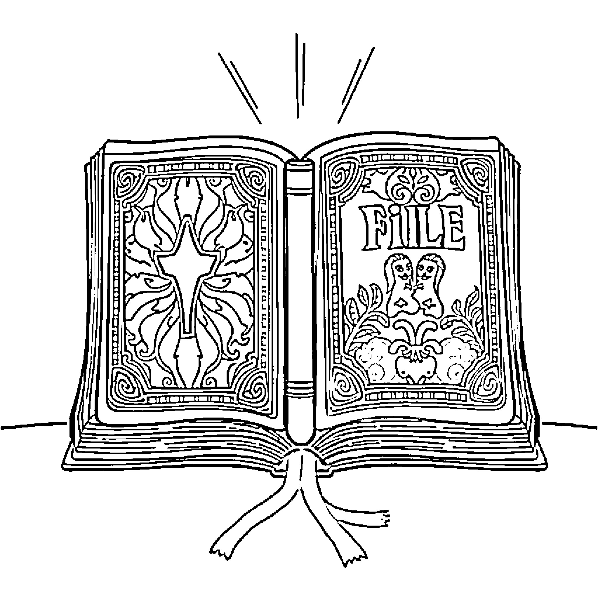 Bible with decorative book cover and pages Coloring Page (free black-and-white line drawing printable PDF for all, from beginners to advanced learners, including children, teens, adults, and seniors)