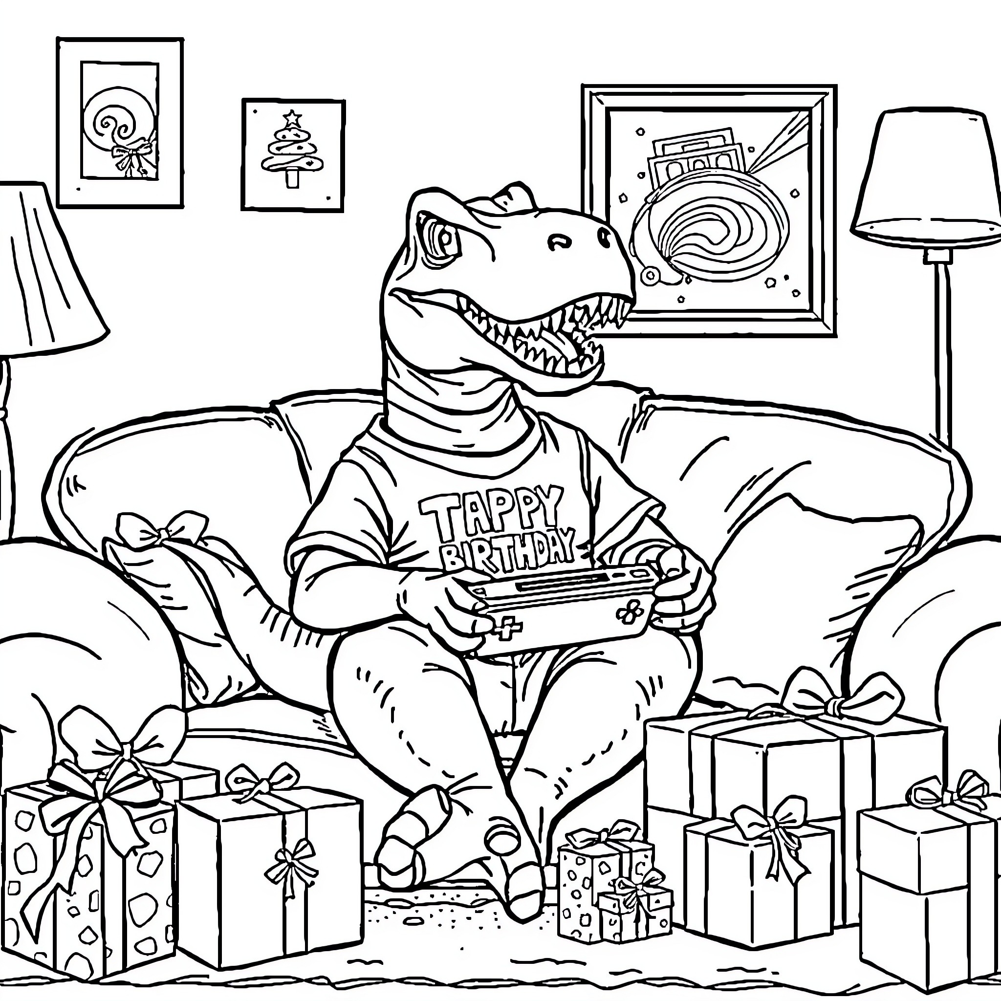 T-Rex Celebrates Birthday with Gifts and Games Coloring Page (free black-and-white line drawing printable PDF for all, from beginners to advanced learners, including children, teens, adults, and seniors)