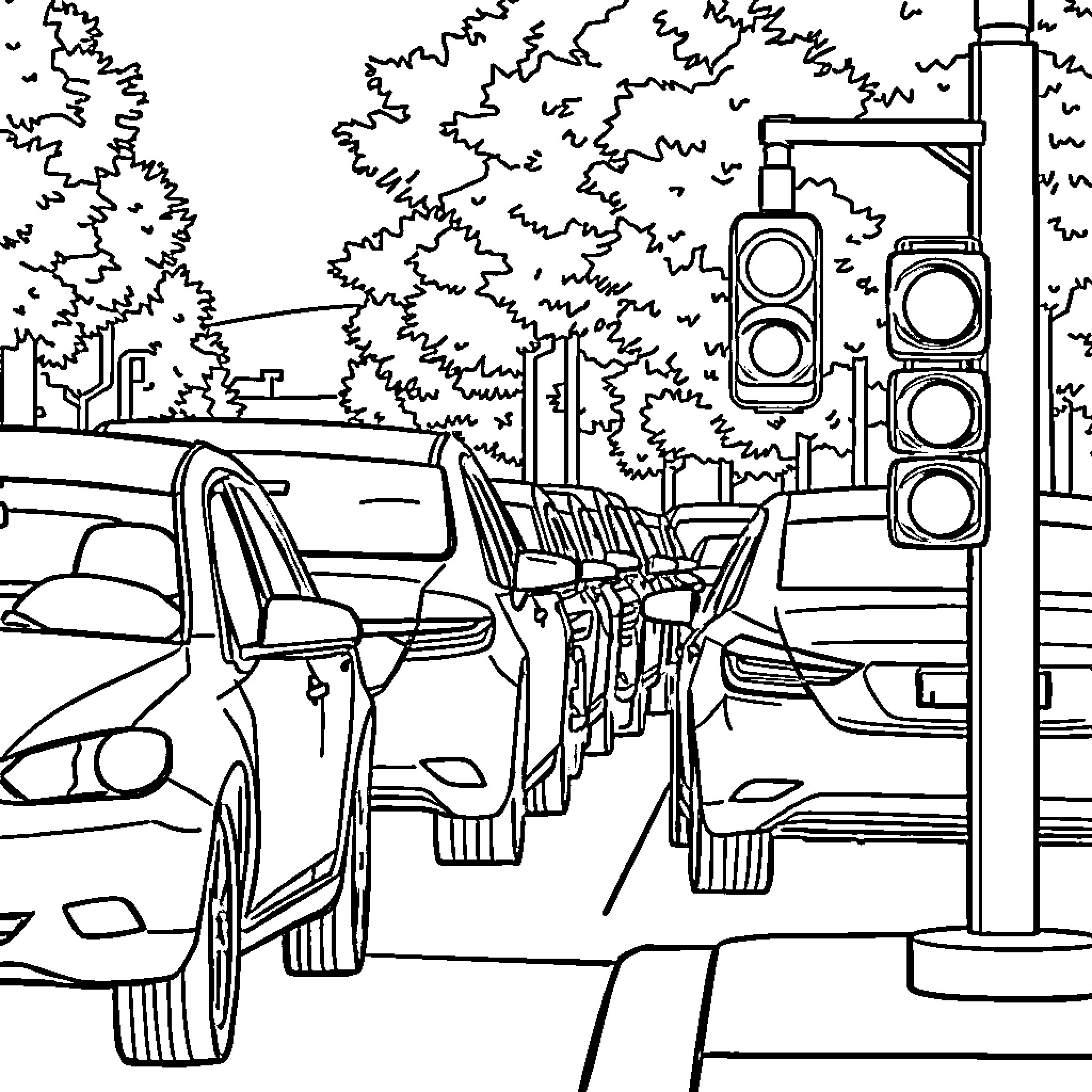 Car waiting at traffic lights on city street Coloring Page (free black-and-white line drawing printable PDF for all, from beginners to advanced learners, including children, teens, adults, and seniors)