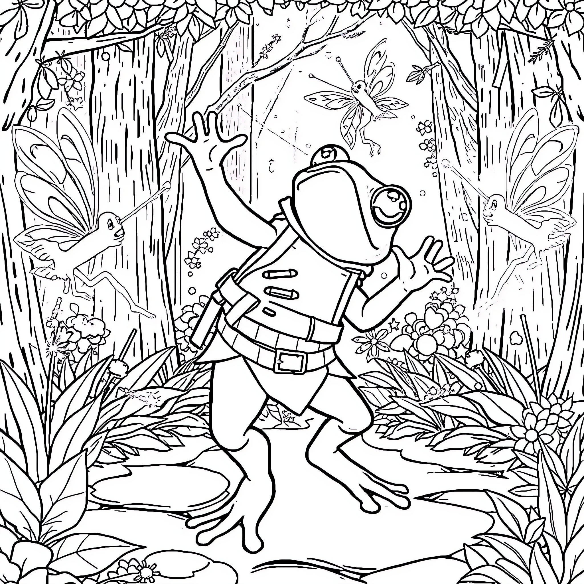 Frog exploring the enchanted forest Coloring Page (free black-and-white line drawing printable PDF for all, from beginners to advanced learners, including children, teens, adults, and seniors)