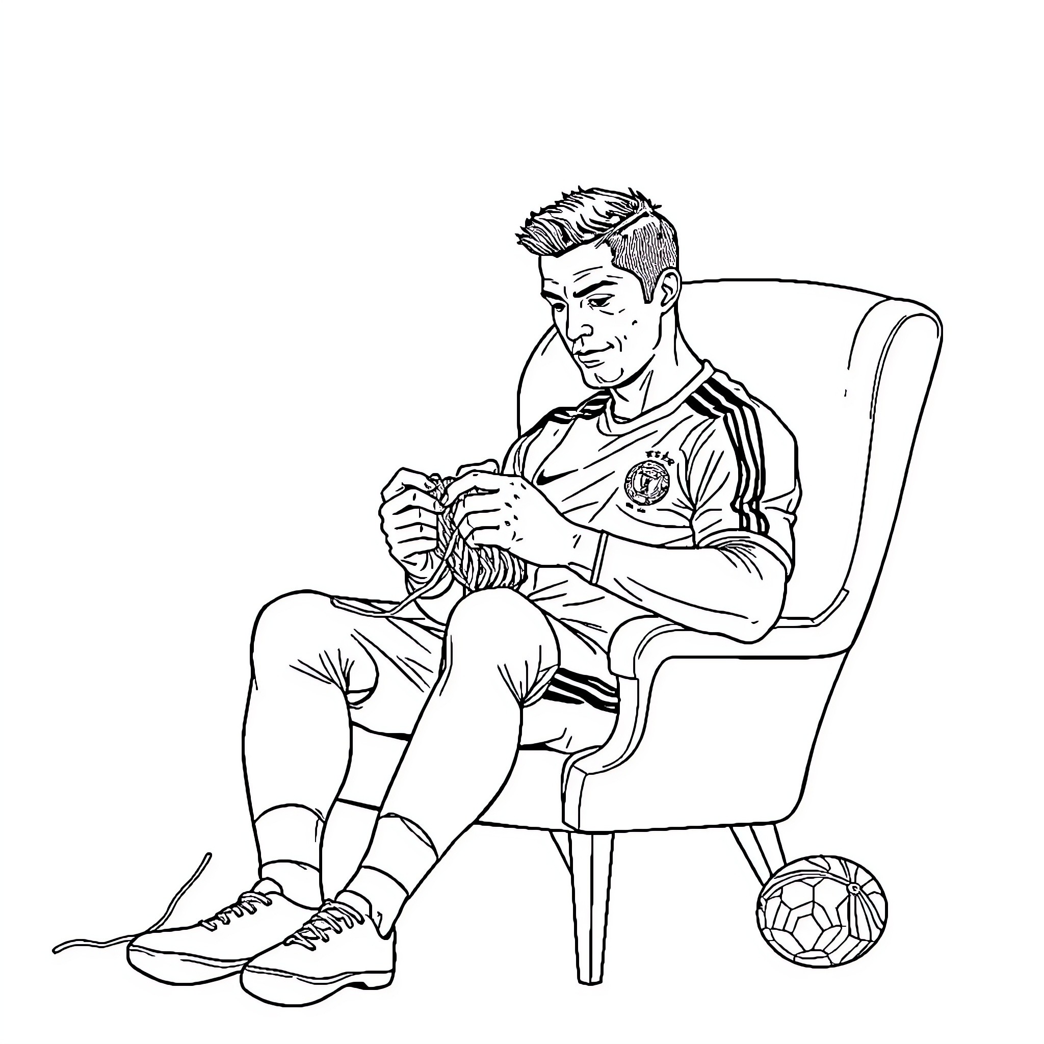 Ronaldo relaxing and examining soccer equipment Coloring Page (free black-and-white line drawing printable PDF for all, from beginners to advanced learners, including children, teens, adults, and seniors)