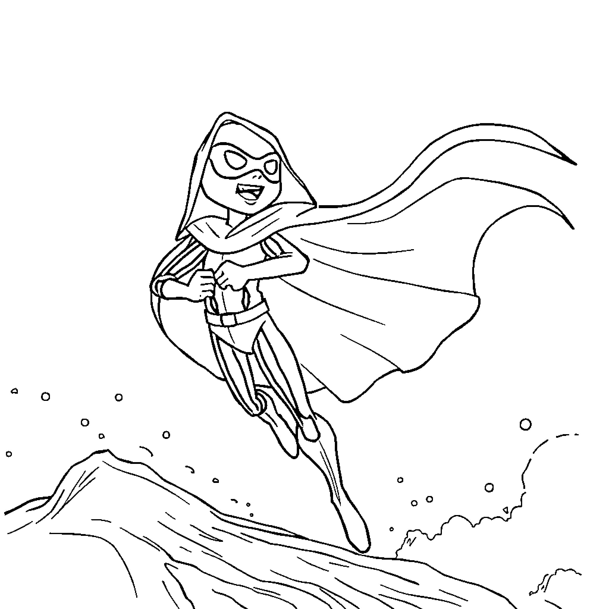 Bucky the superhero soars through the sky Coloring Page (free black-and-white line drawing printable PDF for all, from beginners to advanced learners, including children, teens, adults, and seniors)