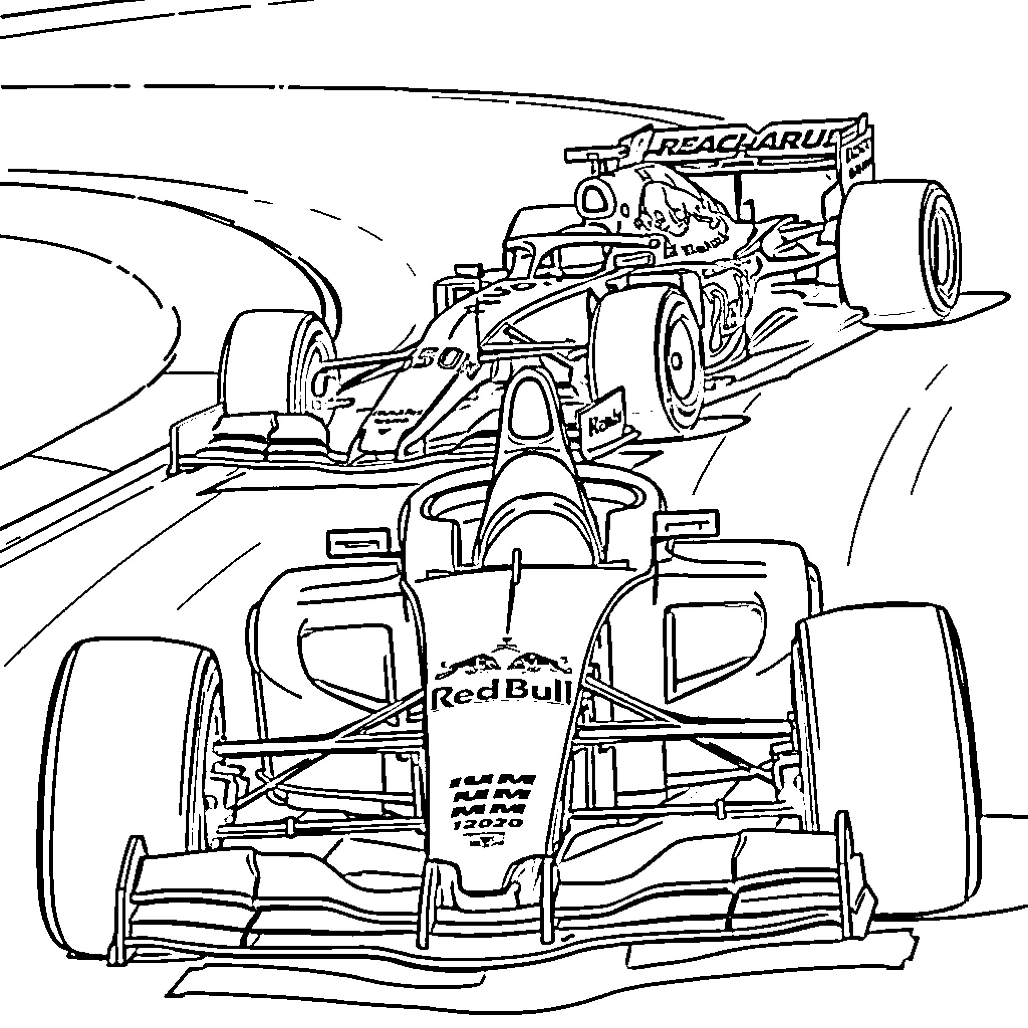 Formula One Race Cars in Action Coloring Page (free black-and-white line drawing printable PDF for all, from beginners to advanced learners, including children, teens, adults, and seniors)