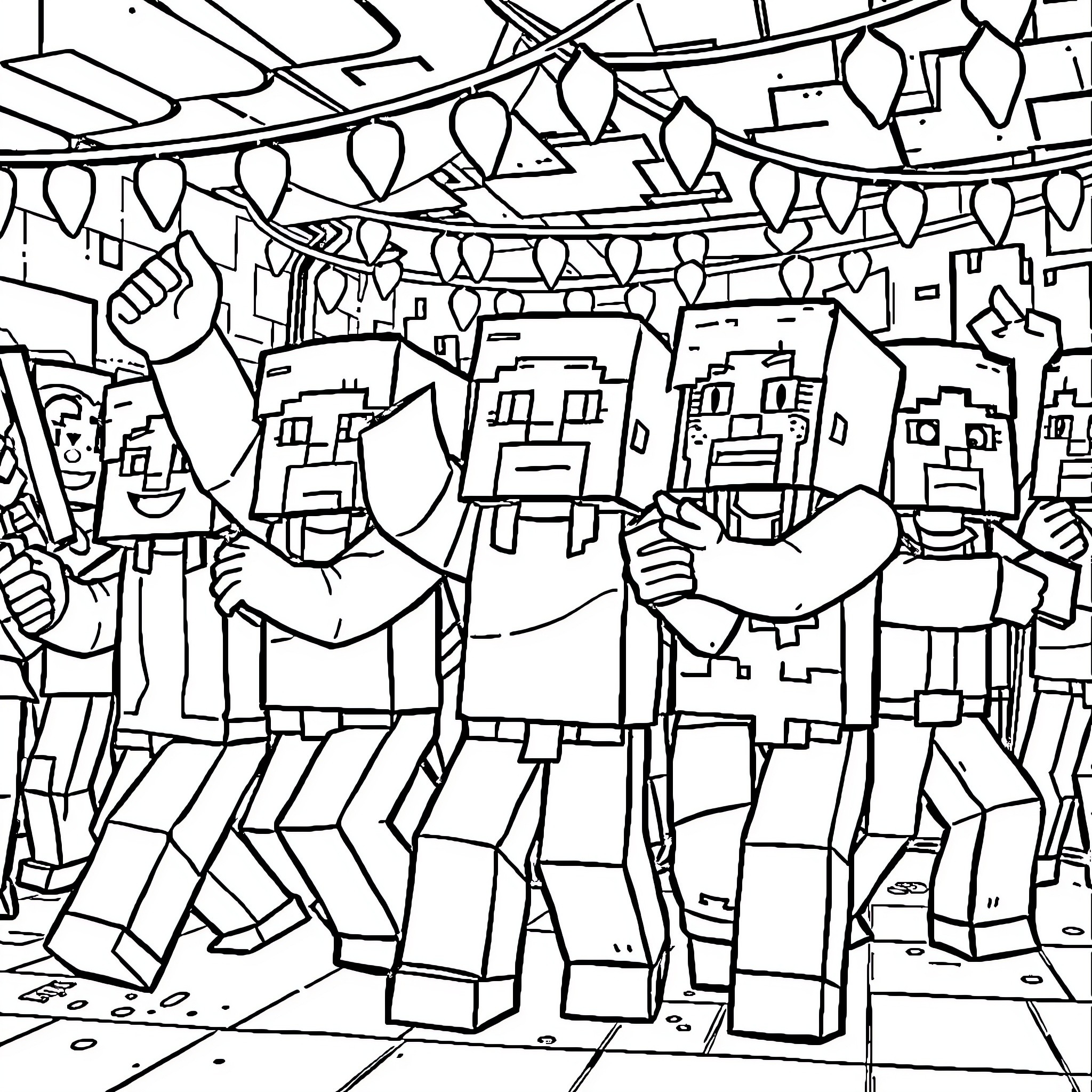Minecraft Characters Celebrating at a Party Coloring Page (free black-and-white line drawing printable PDF for all, from beginners to advanced learners, including children, teens, adults, and seniors)