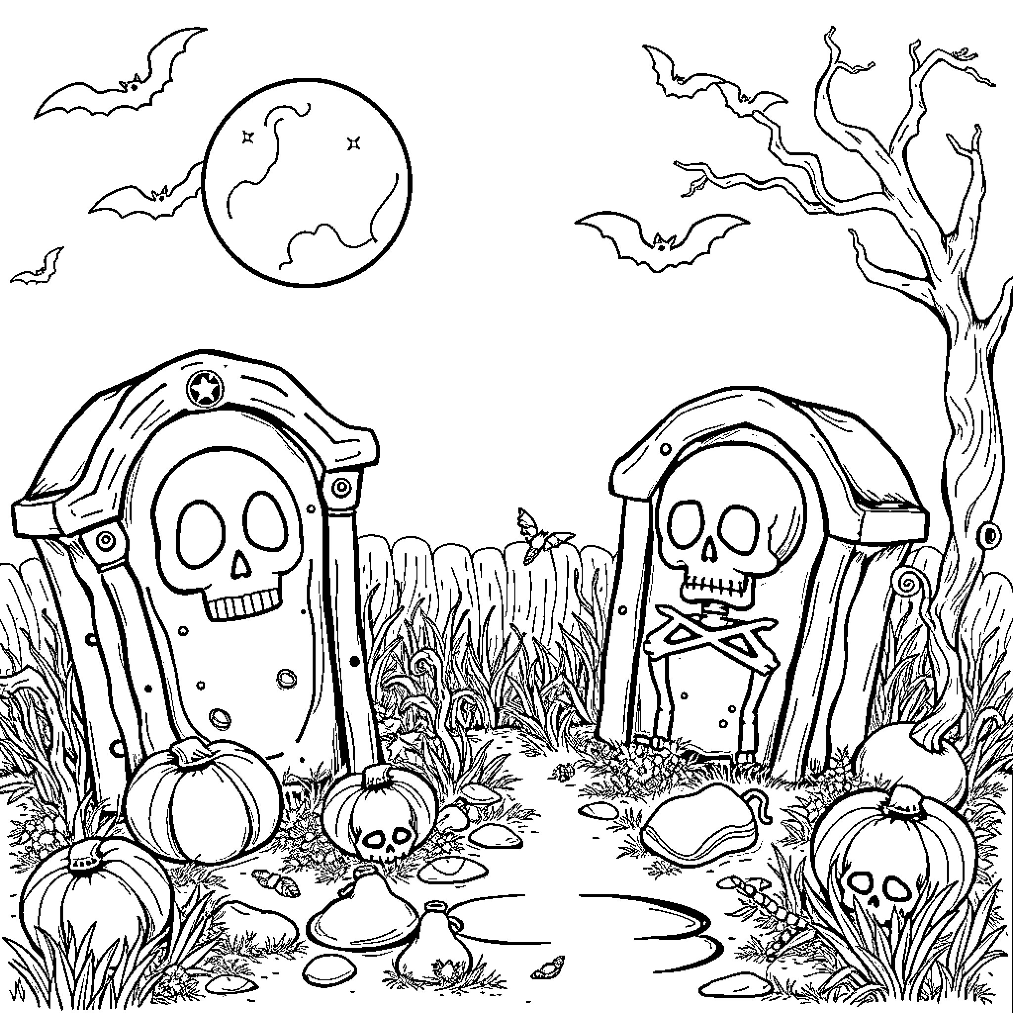 Tomb of spooky figures and haunting scenery Coloring Page (free black-and-white line drawing printable PDF for all, from beginners to advanced learners, including children, teens, adults, and seniors)