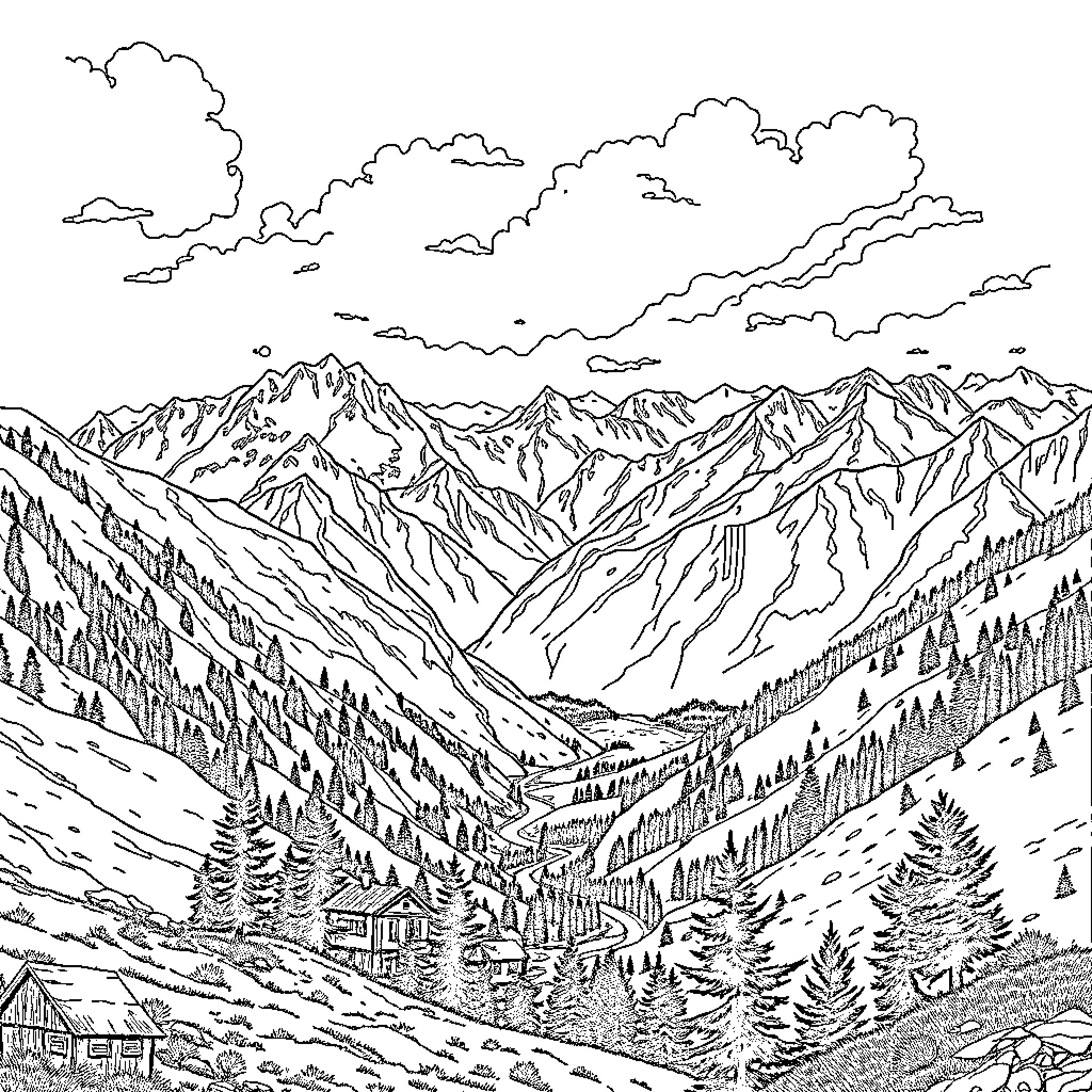 Kashmir Valley scenic landscape with snowy peaks Coloring Page (free black-and-white line drawing printable PDF for all, from beginners to advanced learners, including children, teens, adults, and seniors)