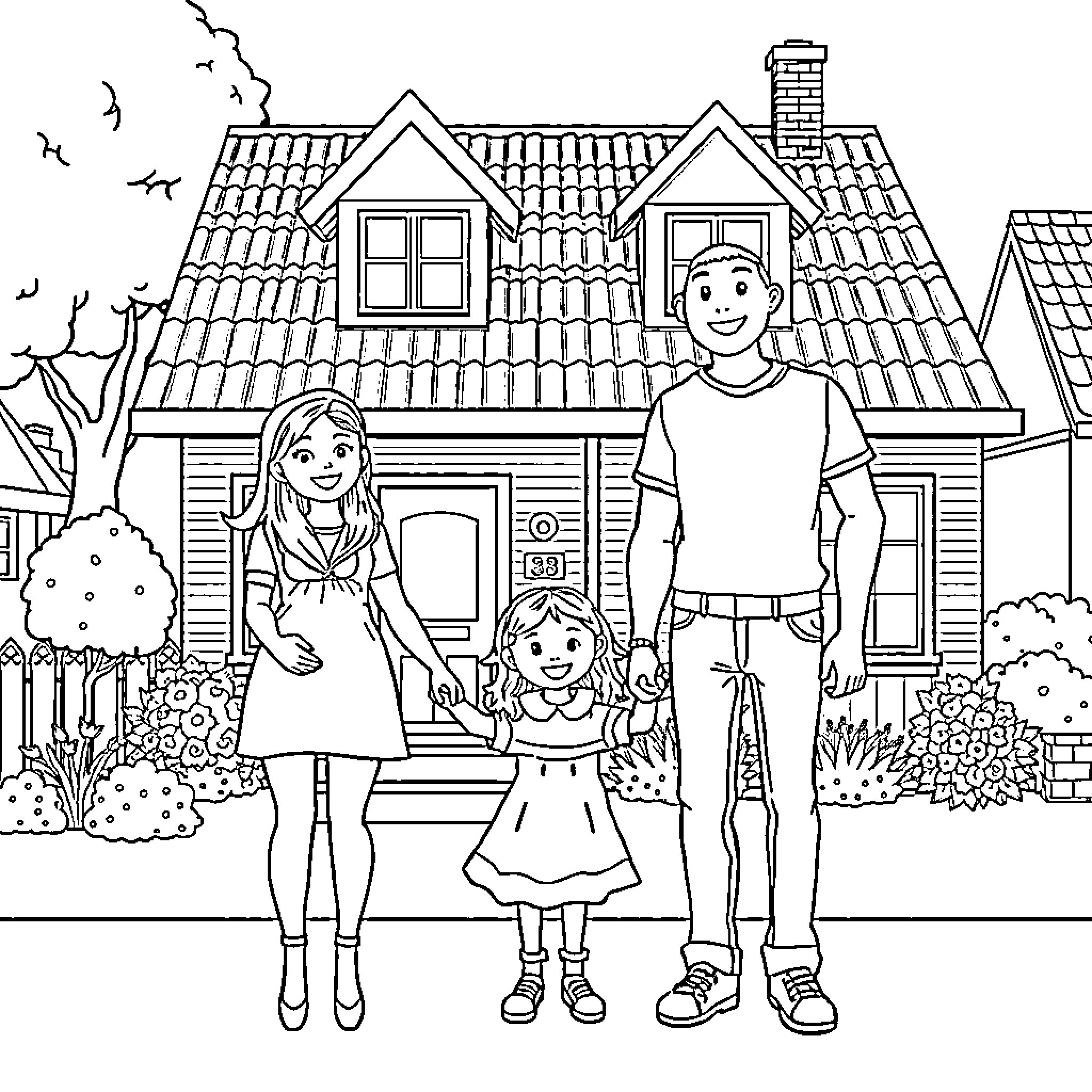 Family portrait in front of their home Coloring Page (free black-and-white line drawing printable PDF for all, from beginners to advanced learners, including children, teens, adults, and seniors)