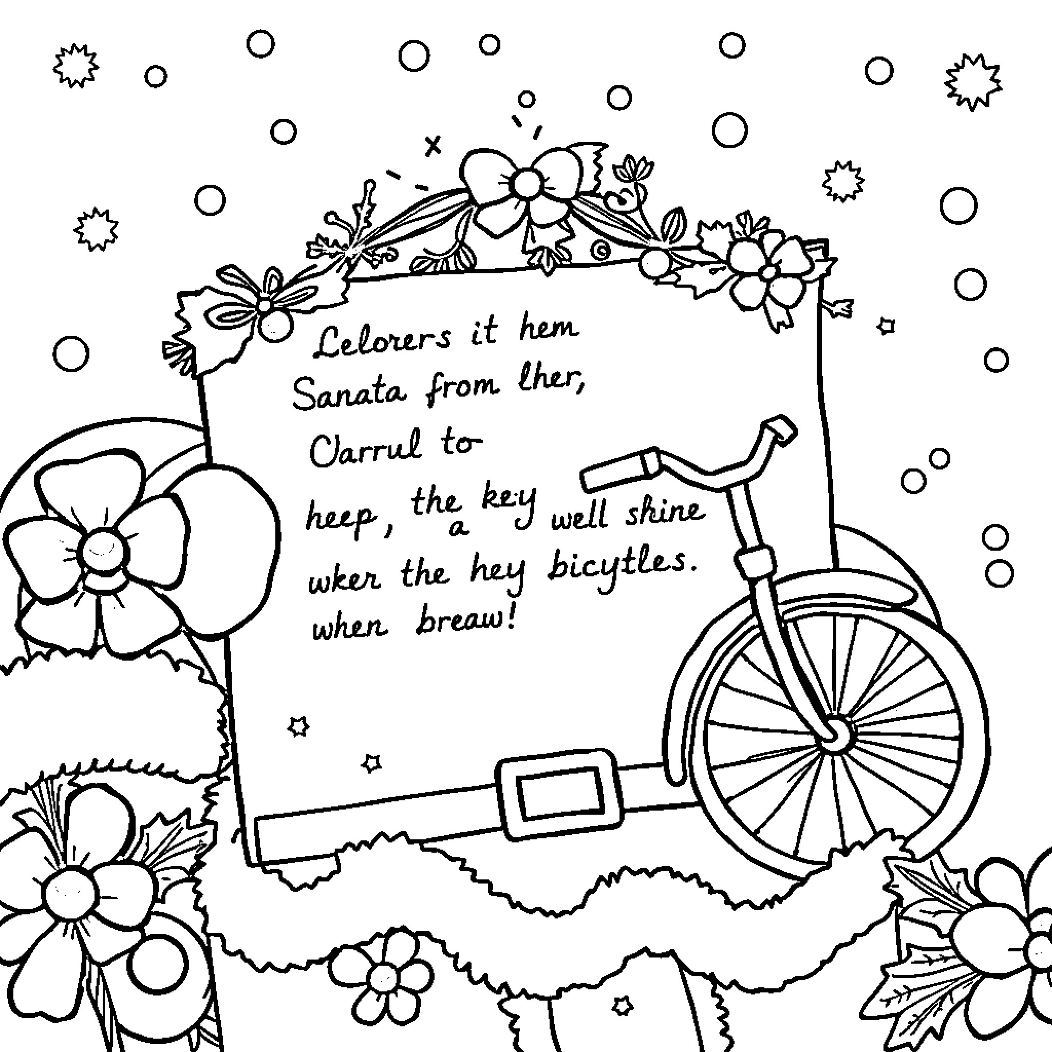 Santa's Colorful Bicycle Ride through Floral Fields Coloring Page (free black-and-white line drawing printable PDF for all, from beginners to advanced learners, including children, teens, adults, and seniors)