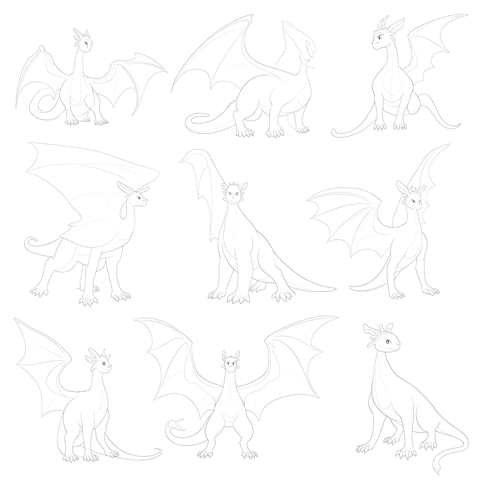 Dragon characters in various poses and expressions Coloring Page (free black-and-white line drawing printable PDF for all, from beginners to advanced learners, including children, teens, adults, and seniors)
