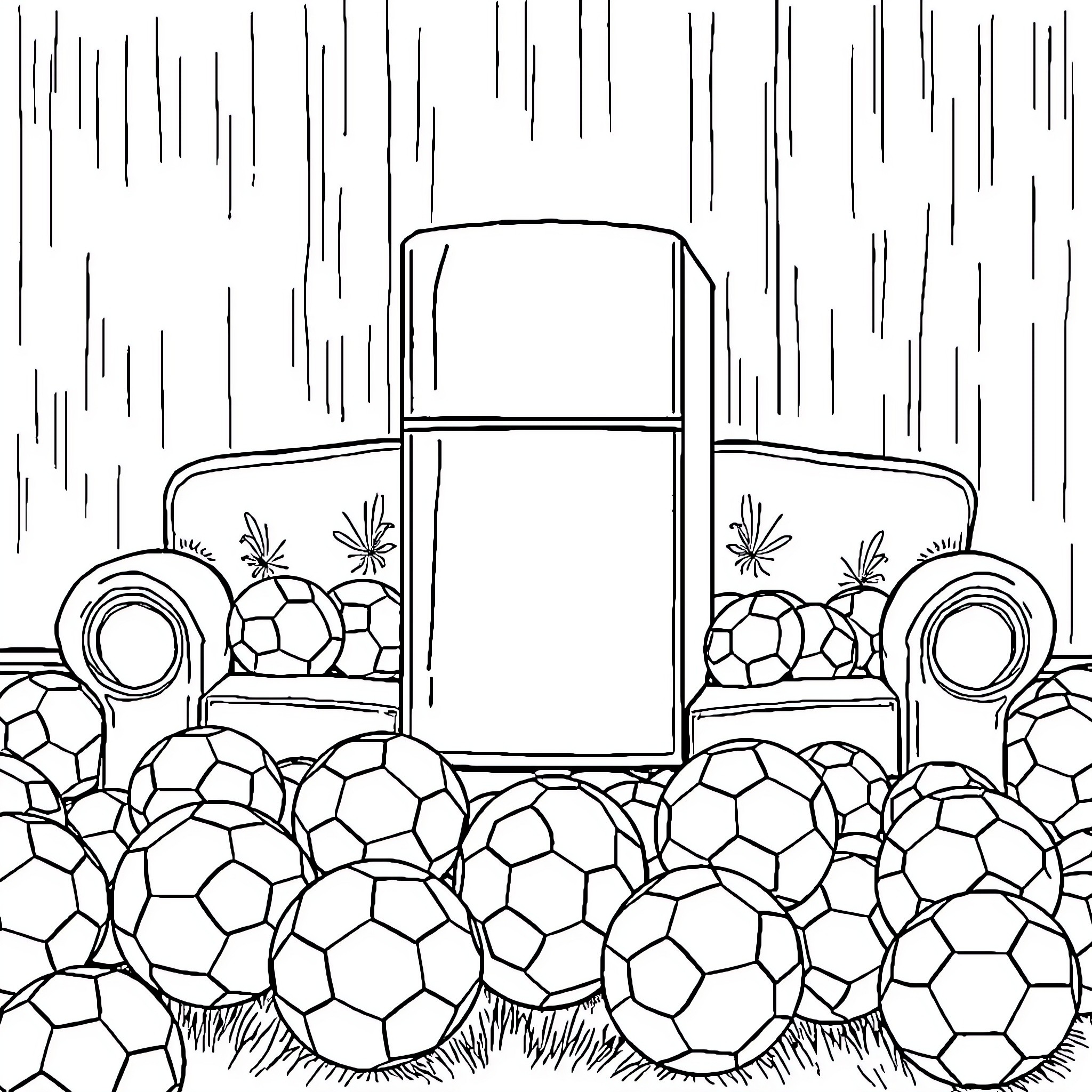 Fridge filled with soccer balls in the rain Coloring Page (free black-and-white line drawing printable PDF for all, from beginners to advanced learners, including children, teens, adults, and seniors)
