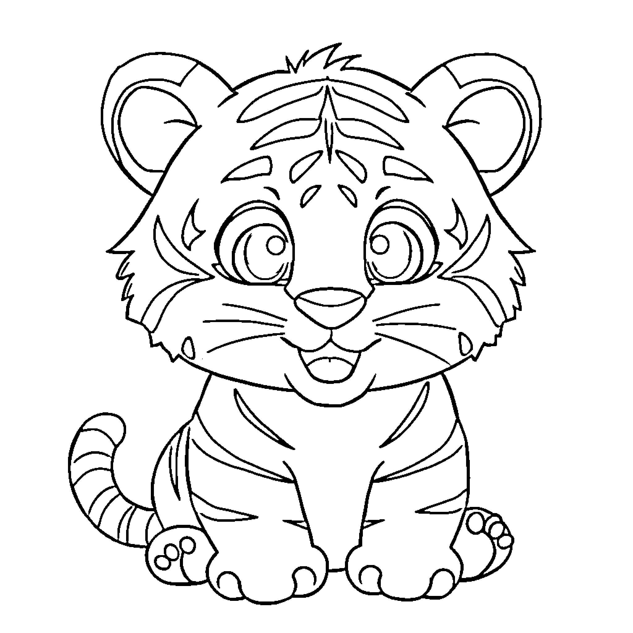 Tiger cub with cute expression Coloring Page (free black-and-white line drawing printable PDF for all, from beginners to advanced learners, including children, teens, adults, and seniors)