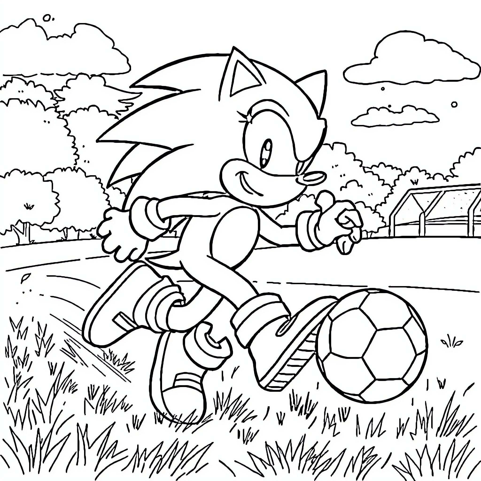 Sonic playing with a soccer ball in the park Coloring Page (free black-and-white line drawing printable PDF for all, from beginners to advanced learners, including children, teens, adults, and seniors)