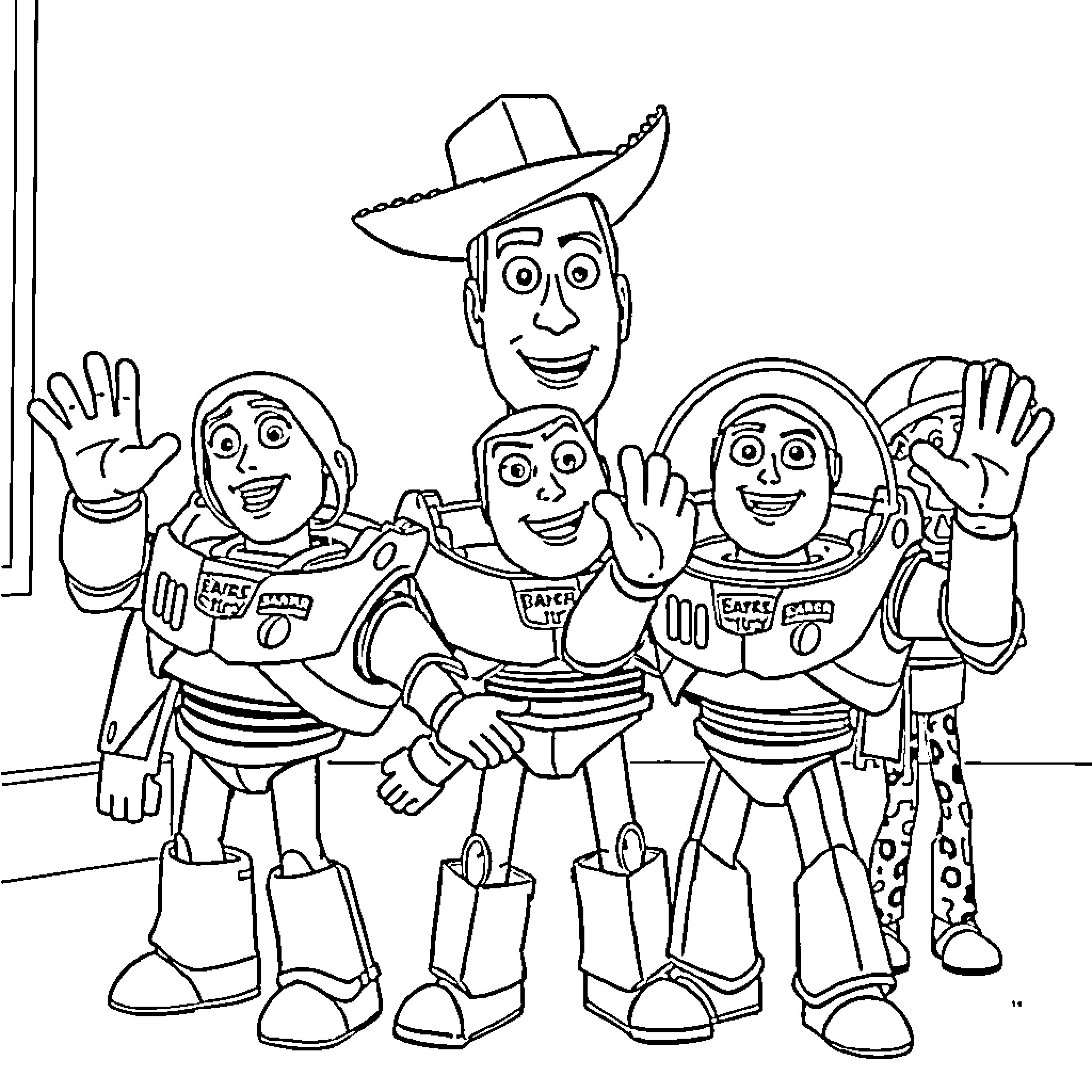 Toy characters happily posing together Coloring Page (free black-and-white line drawing printable PDF for all, from beginners to advanced learners, including children, teens, adults, and seniors)
