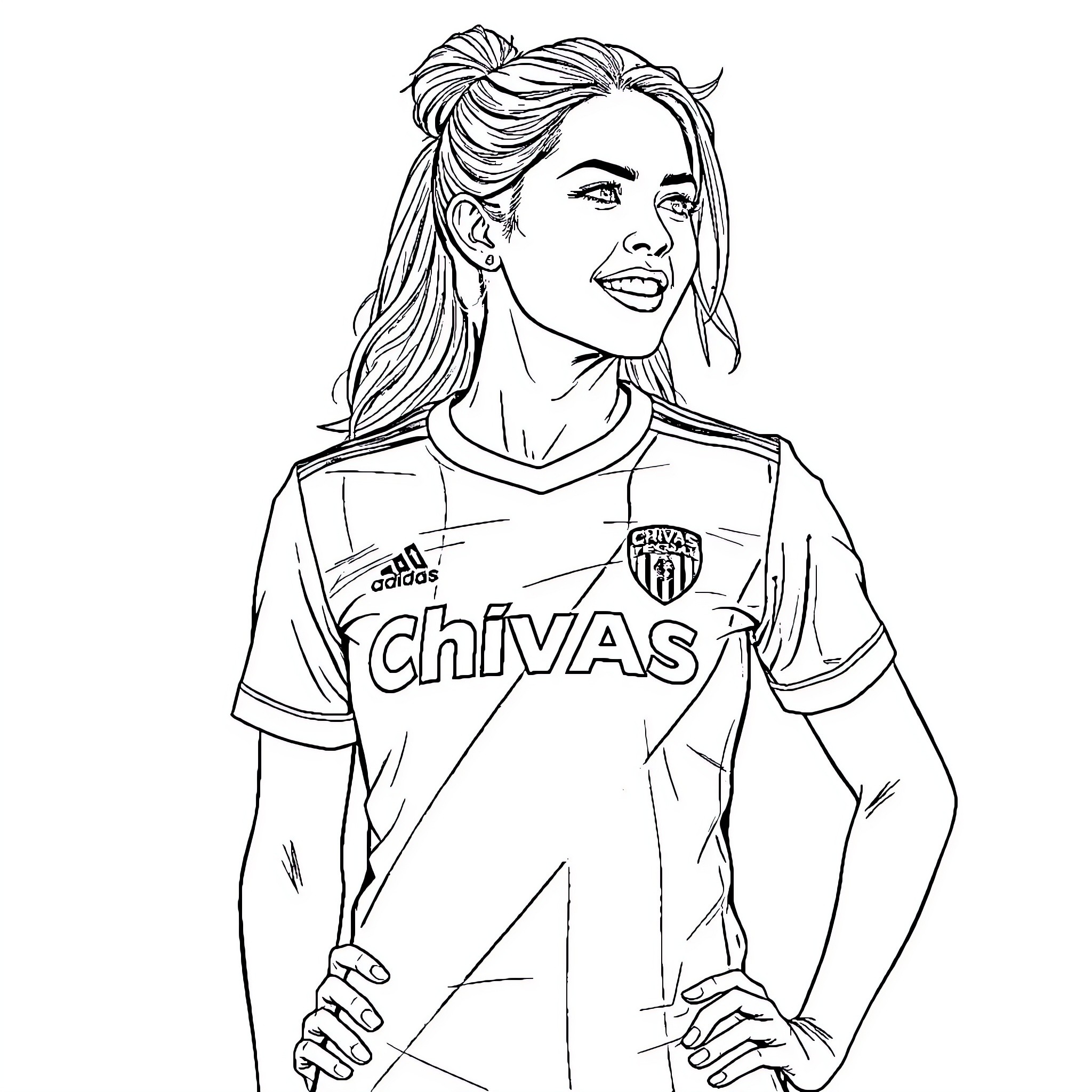 Woman in sports jersey smiling and posing Coloring Page (free black-and-white line drawing printable PDF for all, from beginners to advanced learners, including children, teens, adults, and seniors)