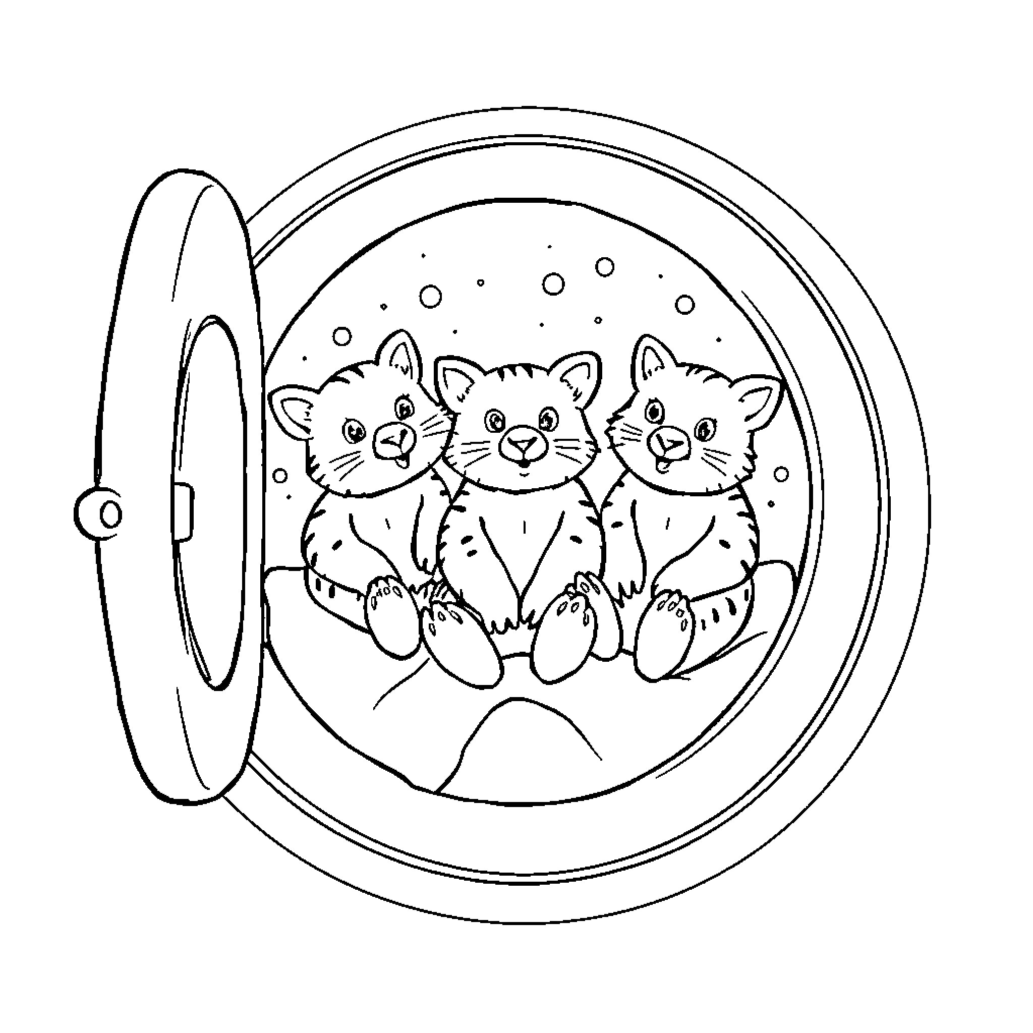 Raccoon trio peering out from a round window Coloring Page (free black-and-white line drawing printable PDF for all, from beginners to advanced learners, including children, teens, adults, and seniors)