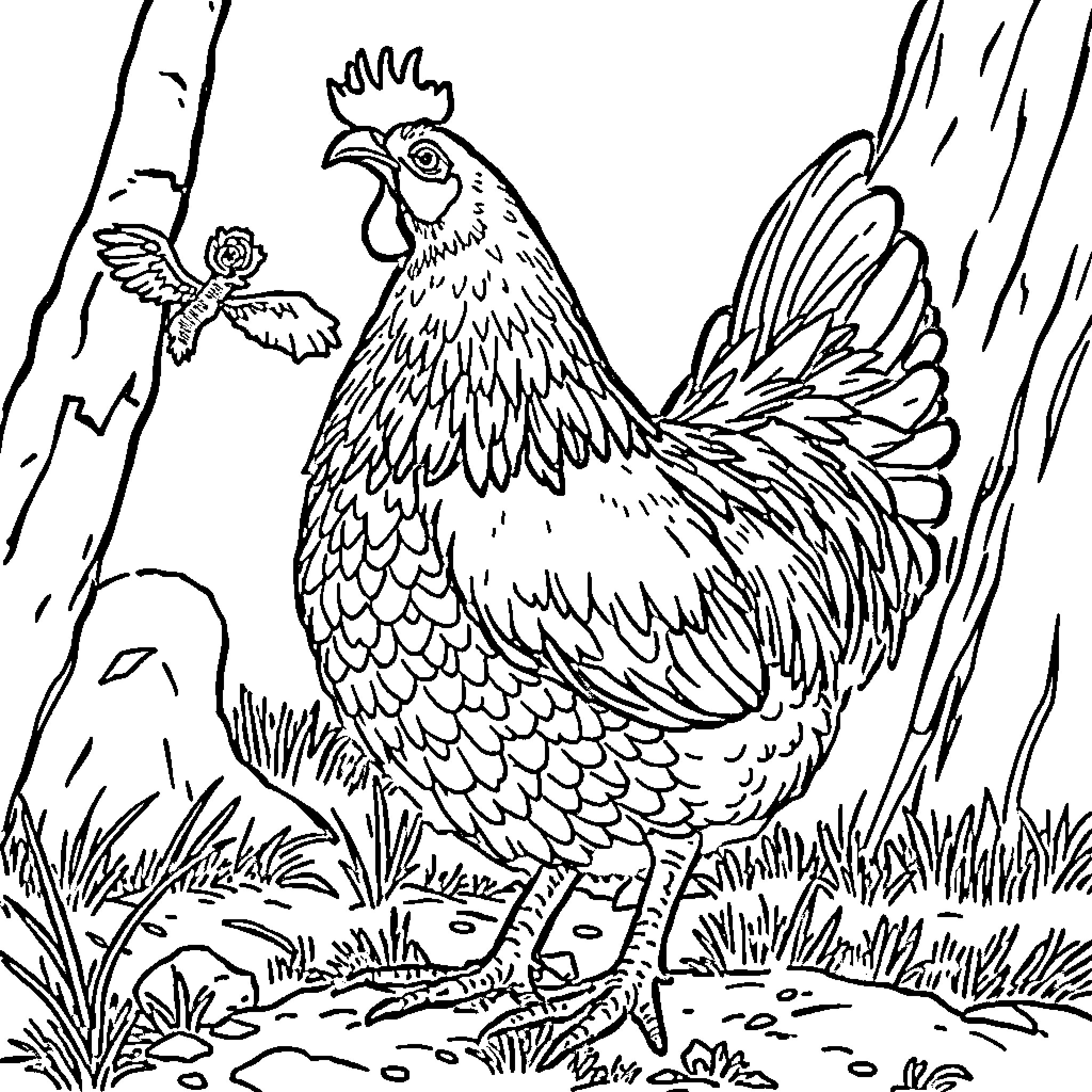 Gallina: Majestic Chicken in Natural Setting Coloring Page (free black-and-white line drawing printable PDF for all, from beginners to advanced learners, including children, teens, adults, and seniors)