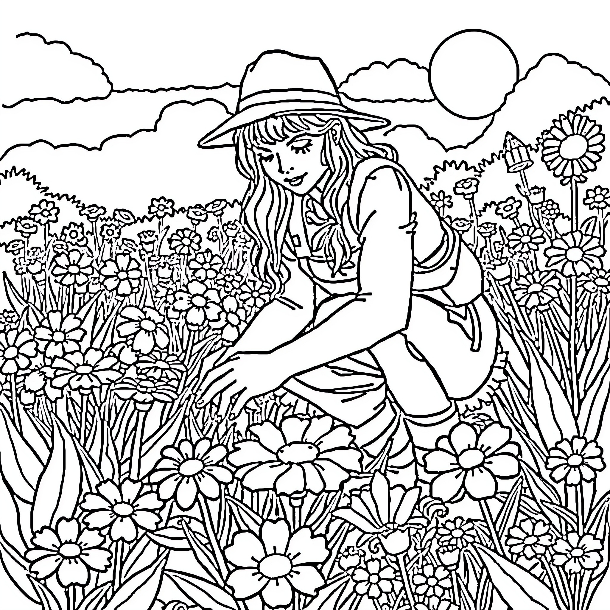 Flower garden scene with woman in hat Coloring Page (free black-and-white line drawing printable PDF for all, from beginners to advanced learners, including children, teens, adults, and seniors)