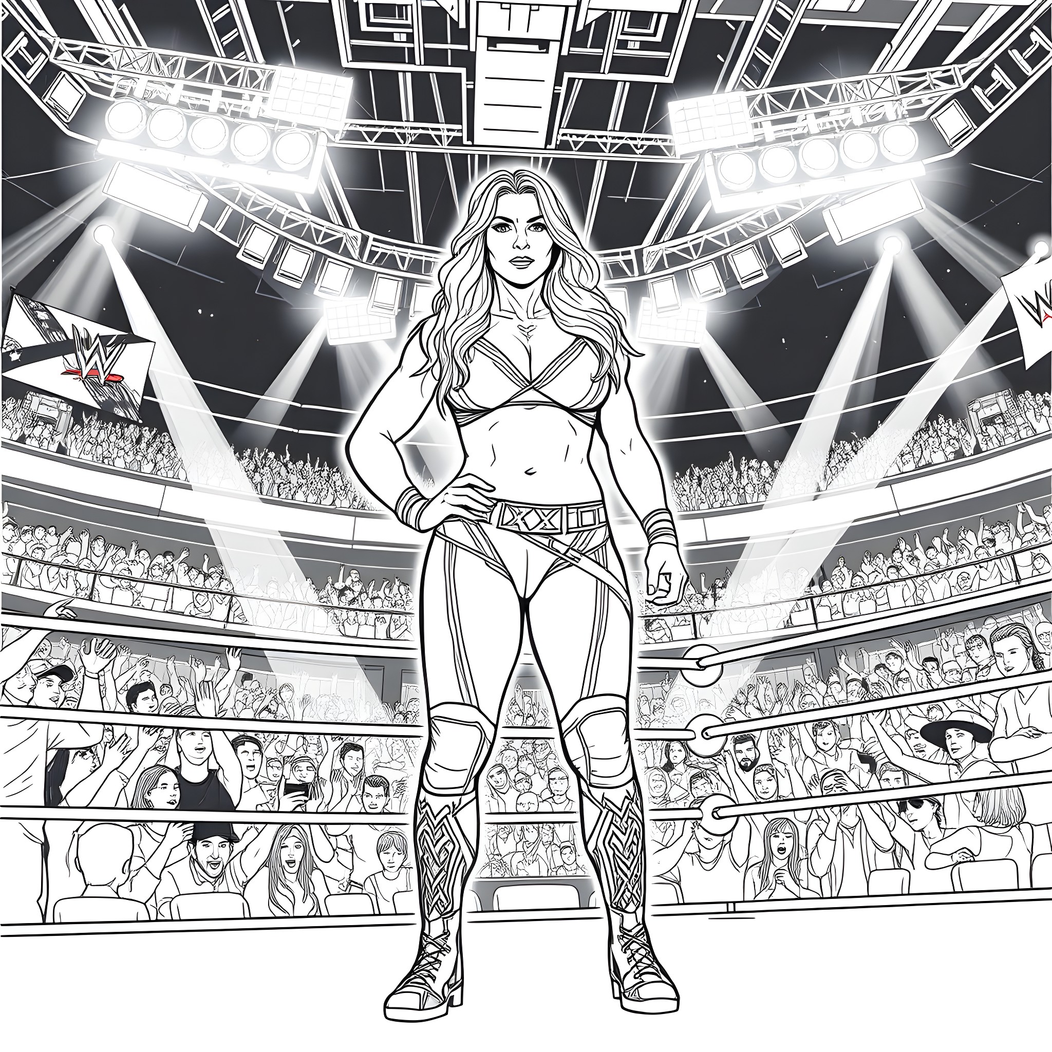 Rhea Ripley Commanding the Wrestling Arena Coloring Page (free black-and-white line drawing printable PDF for all, from beginners to advanced learners, including children, teens, adults, and seniors)