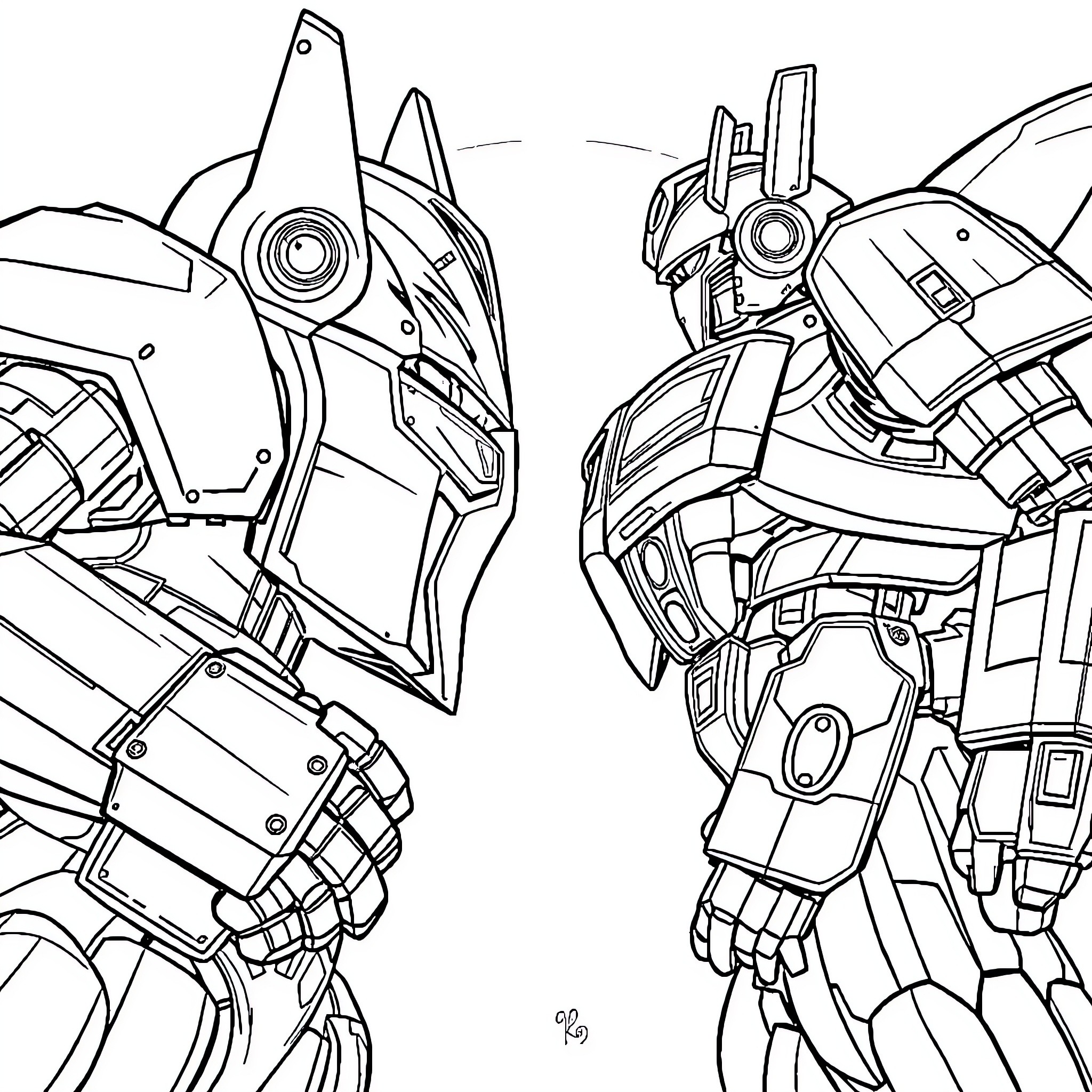 Transformers battle in futuristic cityscape Coloring Page (free black-and-white line drawing printable PDF for all, from beginners to advanced learners, including children, teens, adults, and seniors)