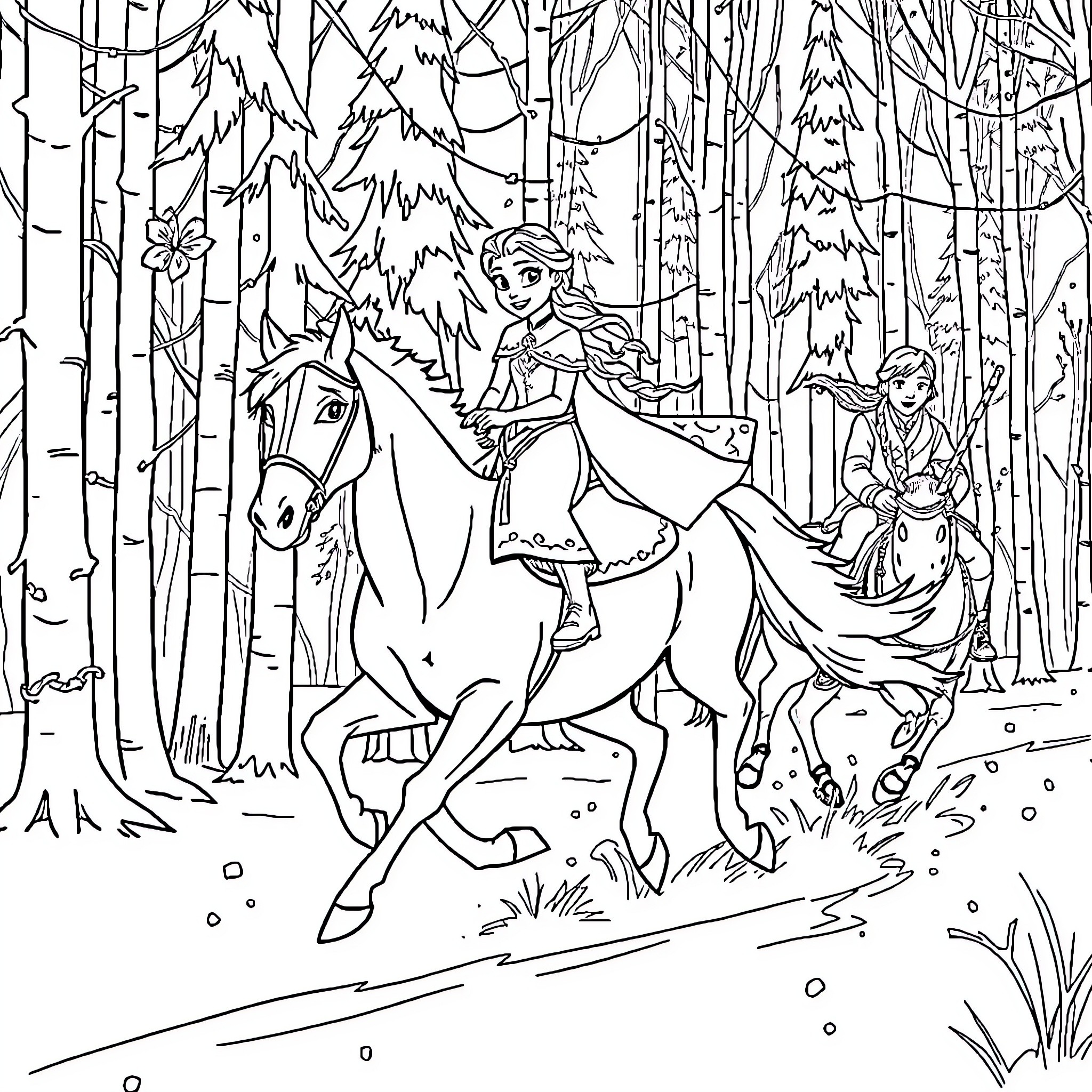 Elsa's Enchanted Forest Adventure Coloring Page (free black-and-white line drawing printable PDF for all, from beginners to advanced learners, including children, teens, adults, and seniors)