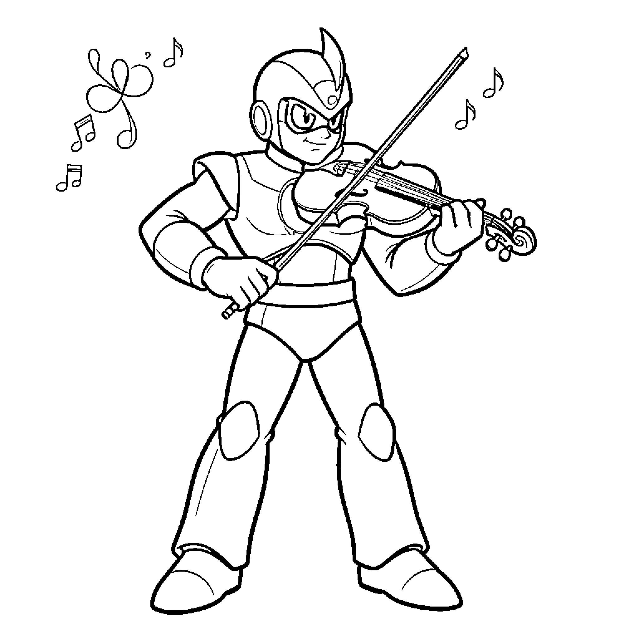 Goldorak playing the violin with musical notes floating around Coloring Page (free black-and-white line drawing printable PDF for all, from beginners to advanced learners, including children, teens, adults, and seniors)