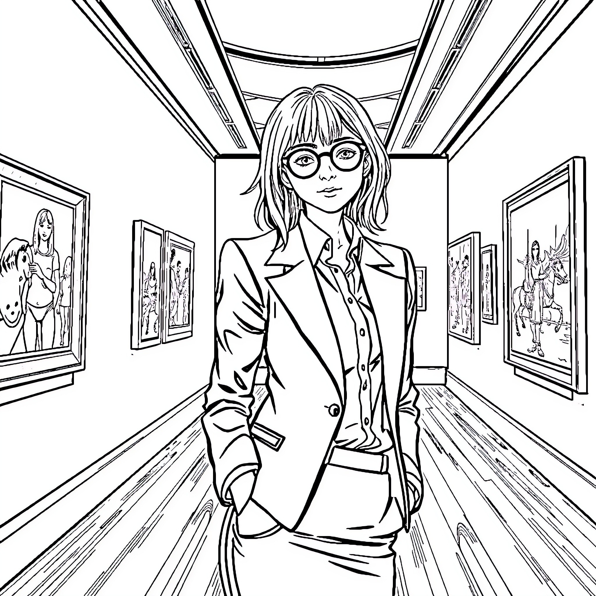 Girl in a formal suit walking through an art gallery Coloring Page (free black-and-white line drawing printable PDF for all, from beginners to advanced learners, including children, teens, adults, and seniors)