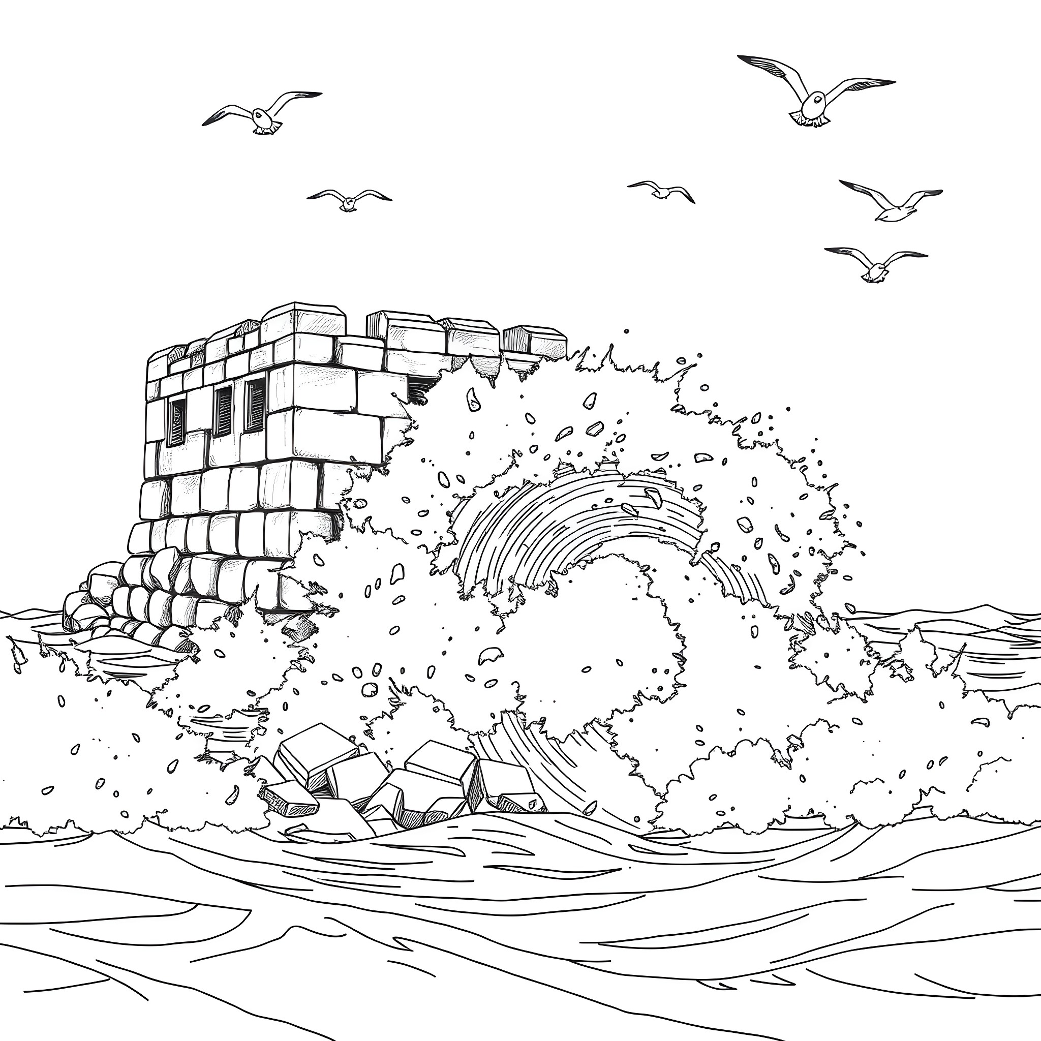 Wave crashing against a rocky coastline with birds Coloring Page (free black-and-white line drawing printable PDF for all, from beginners to advanced learners, including children, teens, adults, and seniors)