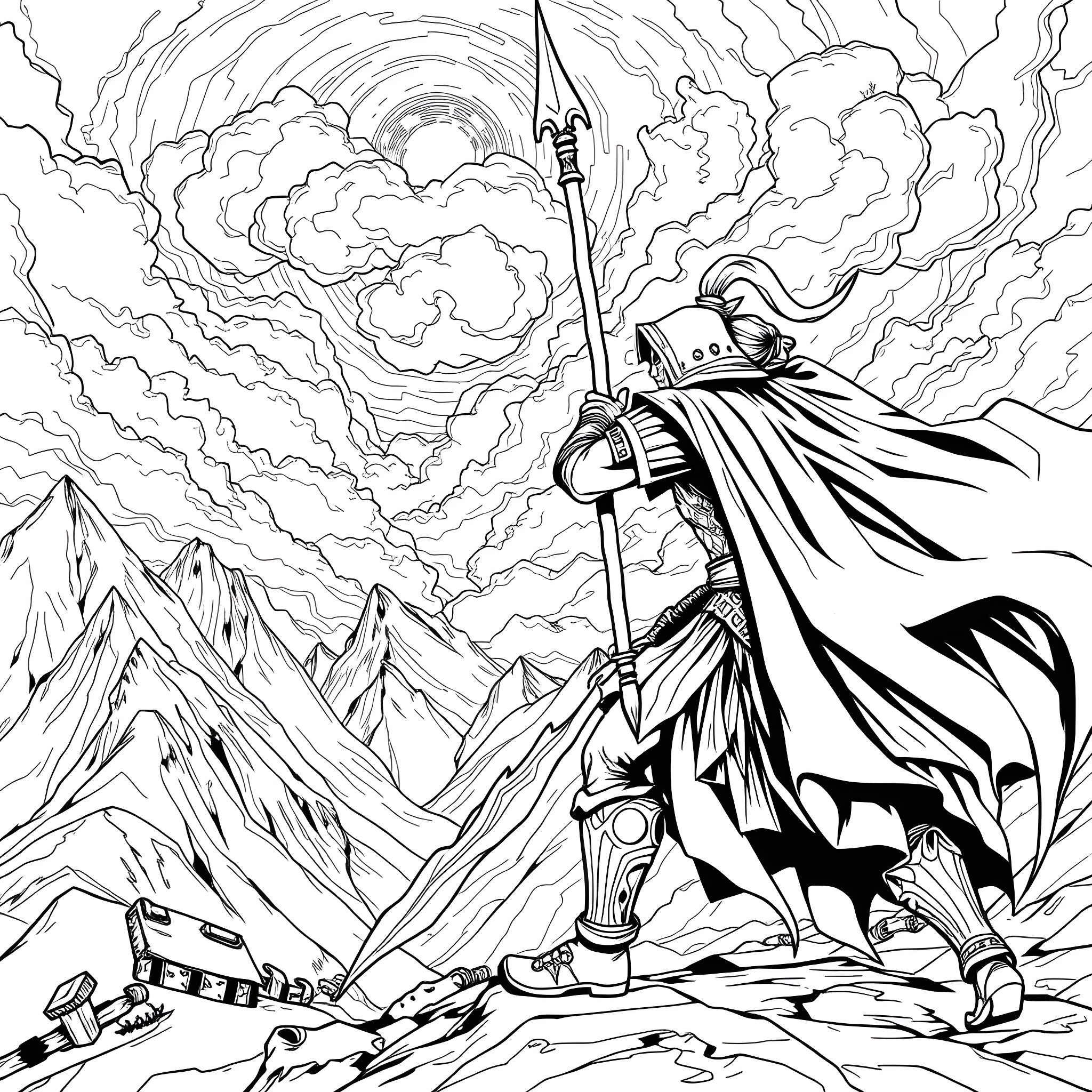Kain, the Warrior's Decisive Stance Coloring Page (free black-and-white line drawing printable PDF for all, from beginners to advanced learners, including children, teens, adults, and seniors)
