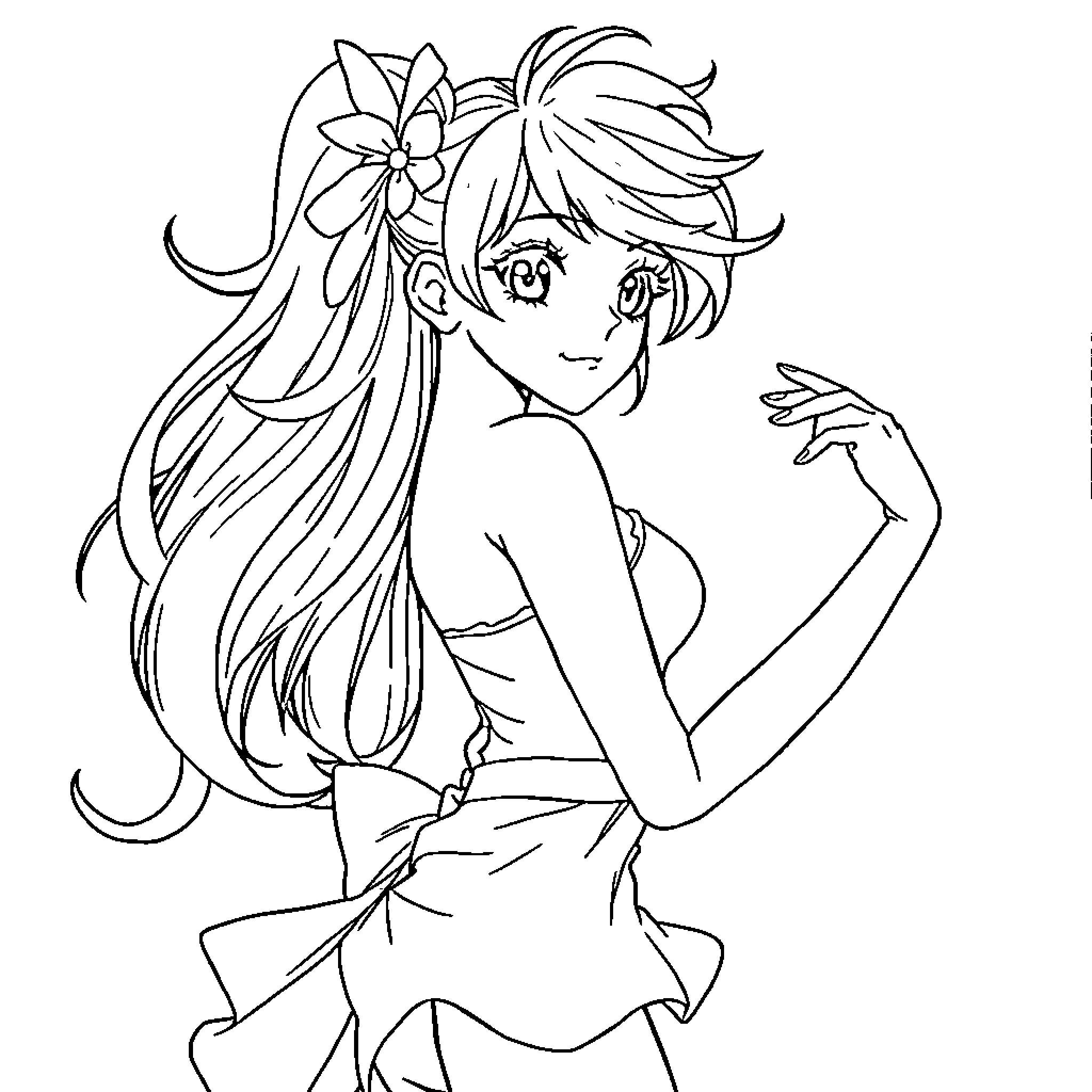 Anime Girl Happily Dancing with Floral Accessory Coloring Page (free black-and-white line drawing printable PDF for all, from beginners to advanced learners, including children, teens, adults, and seniors)