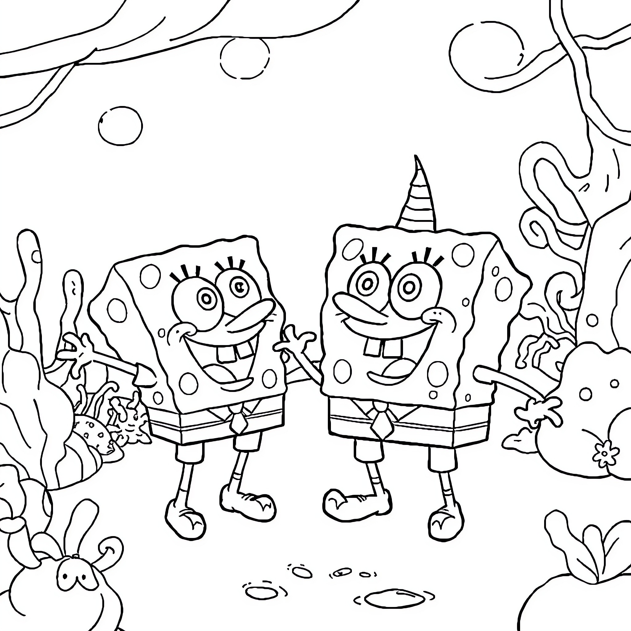 Spongebob and friend exploring underwater adventure Coloring Page (free black-and-white line drawing printable PDF for all, from beginners to advanced learners, including children, teens, adults, and seniors)