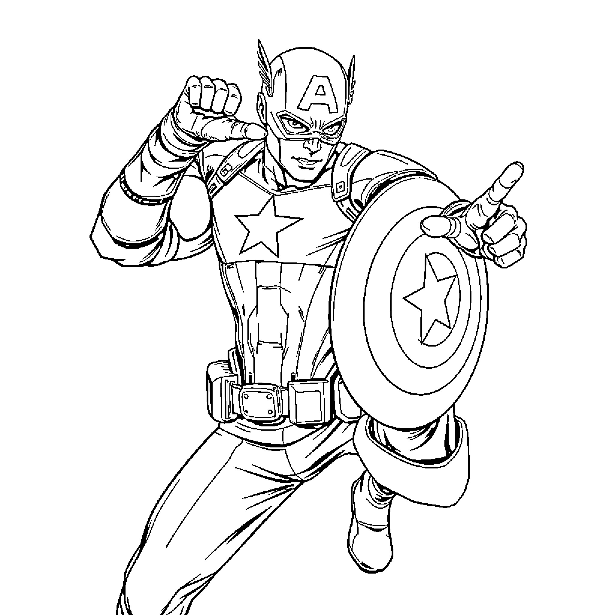 Captain America Heroic Pose with Shield Coloring Page (free black-and-white line drawing printable PDF for all, from beginners to advanced learners, including children, teens, adults, and seniors)