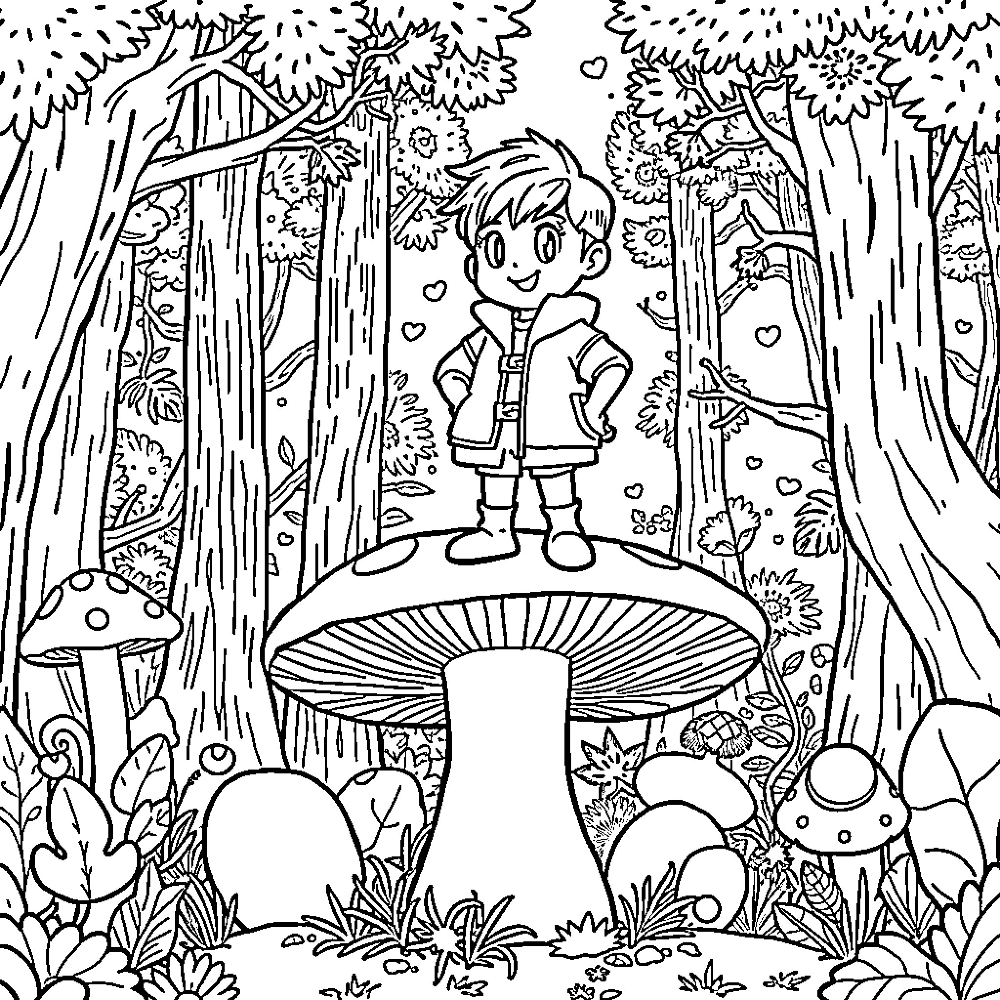 Rumi's Adventure in the Enchanted Forest Coloring Page (free black-and-white line drawing printable PDF for all, from beginners to advanced learners, including children, teens, adults, and seniors)