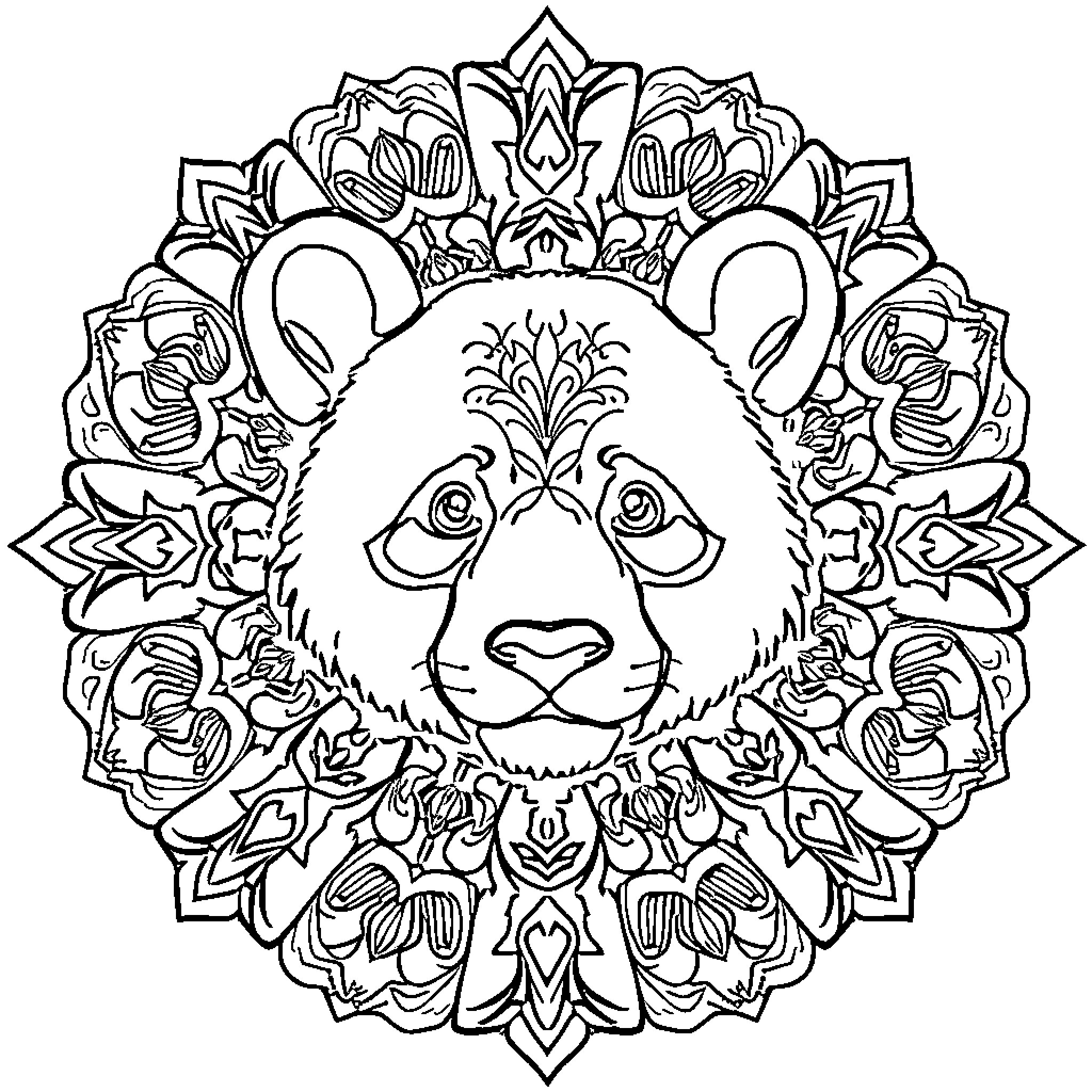 Panda surrounded by intricate floral patterns Coloring Page (free black-and-white line drawing printable PDF for all, from beginners to advanced learners, including children, teens, adults, and seniors)