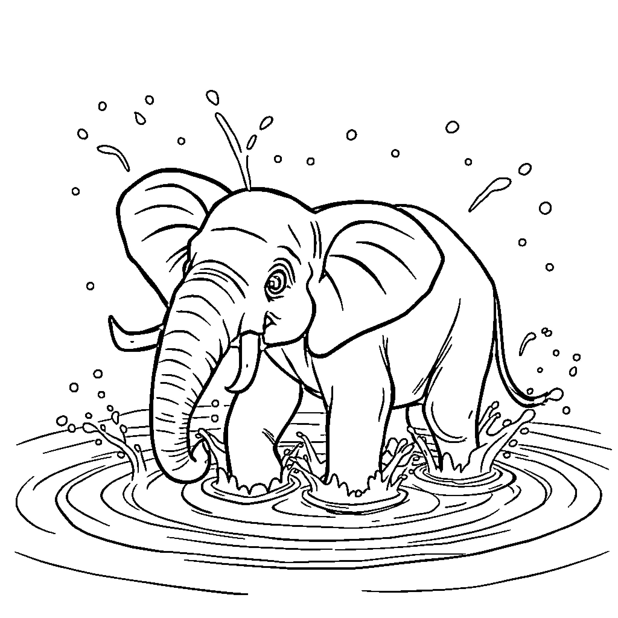 Elephant splashing in water Coloring Page (free black-and-white line drawing printable PDF for all, from beginners to advanced learners, including children, teens, adults, and seniors)