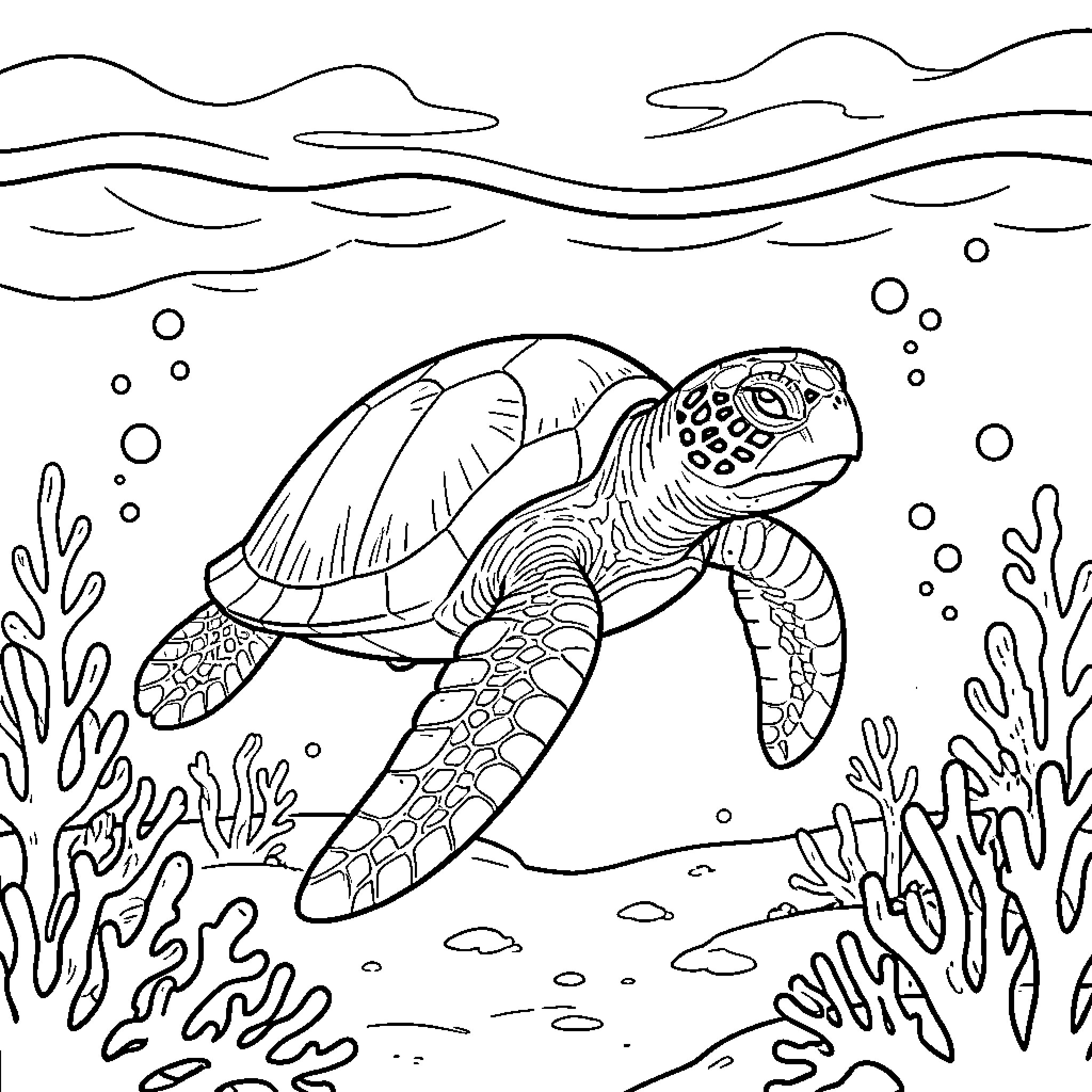Sea Turtle swimming through the underwater coral reef Coloring Page (free black-and-white line drawing printable PDF for all, from beginners to advanced learners, including children, teens, adults, and seniors)