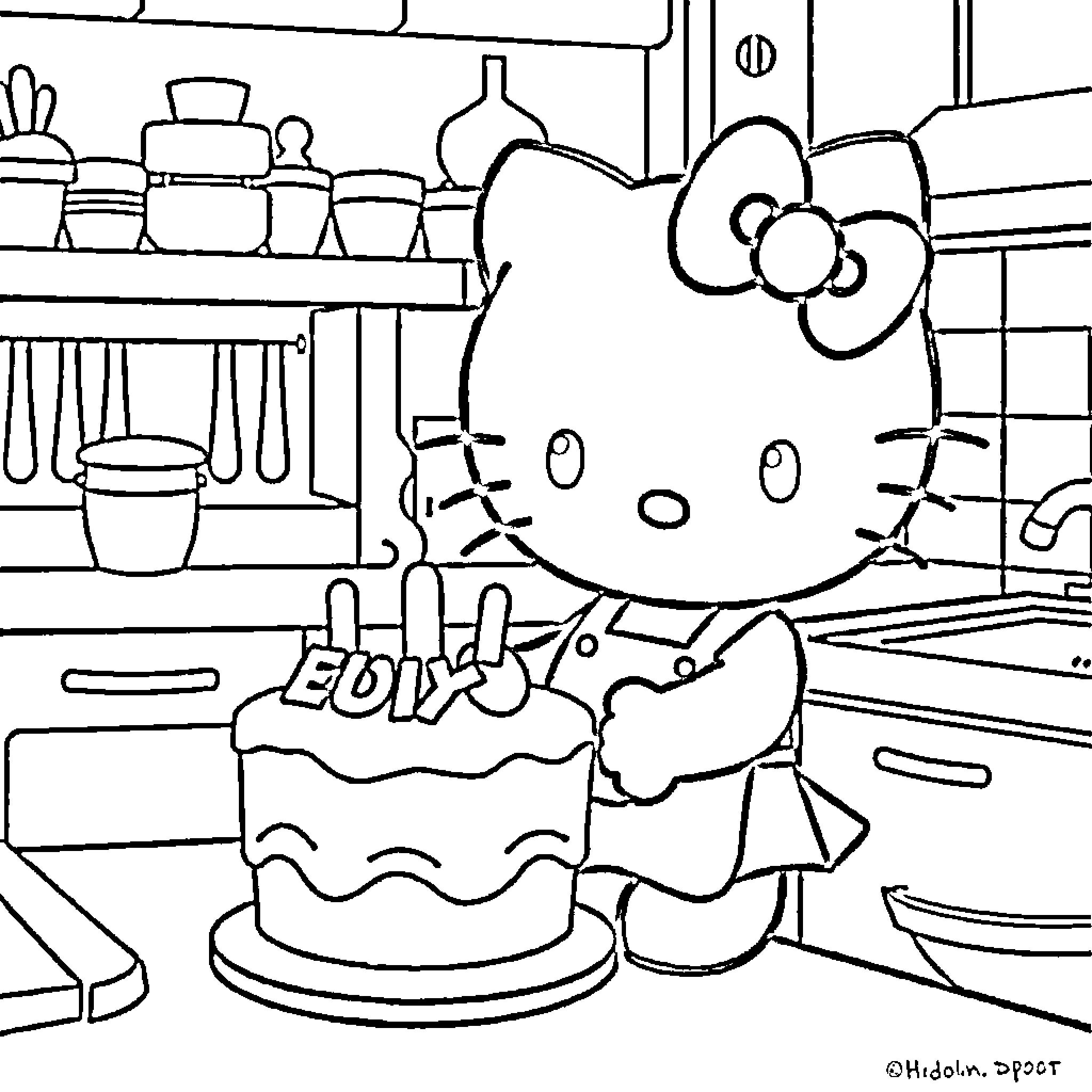 Hello Kitty Baking a Cake in the Kitchen Coloring Page (free black-and-white line drawing printable PDF for all, from beginners to advanced learners, including children, teens, adults, and seniors)